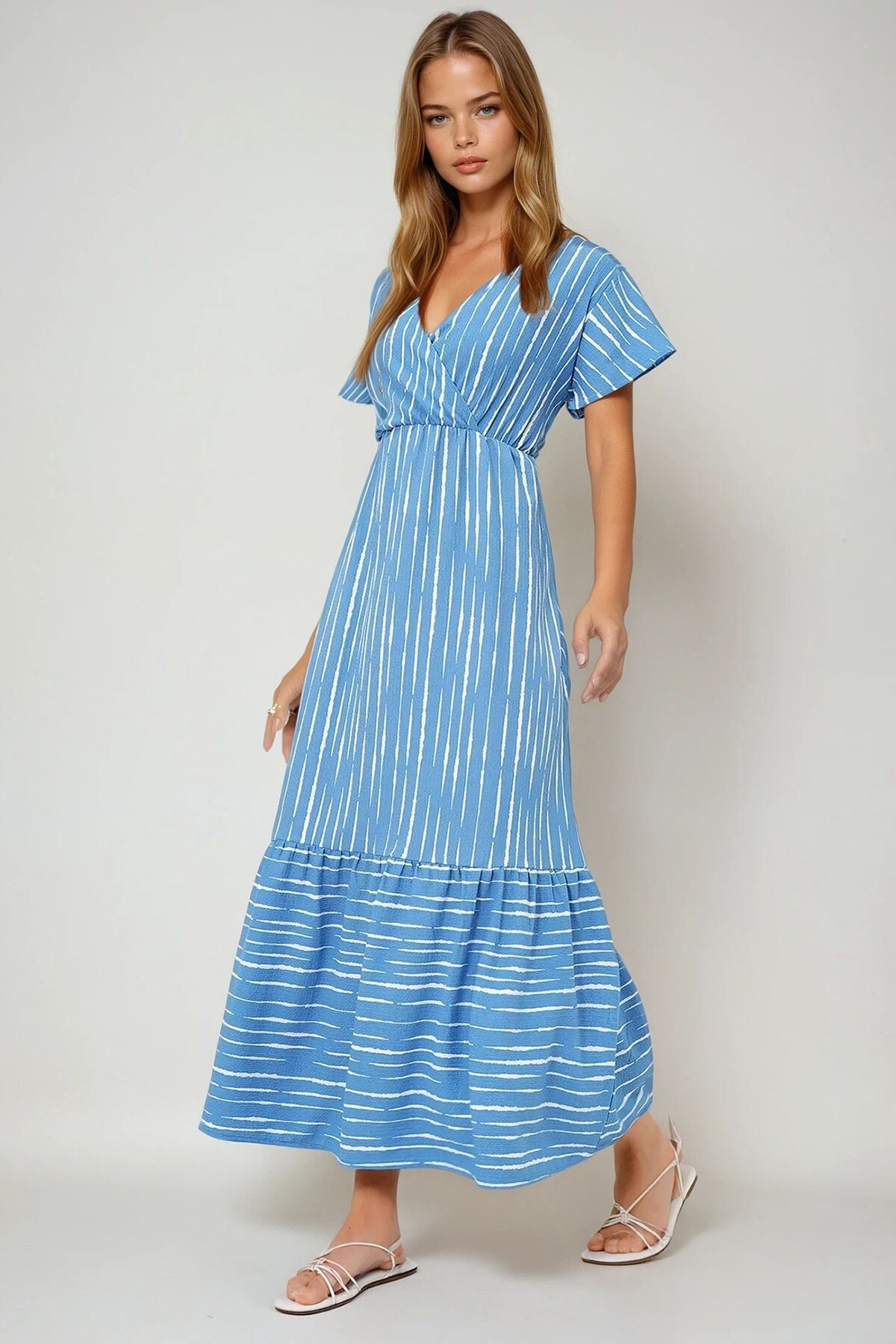 İndigo Ekru Kruvaze Maxı Boy Elbise