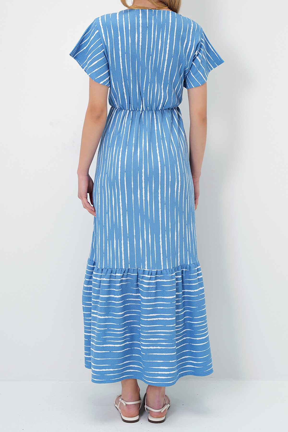 İndigo Ekru Kruvaze Maxı Boy Elbise