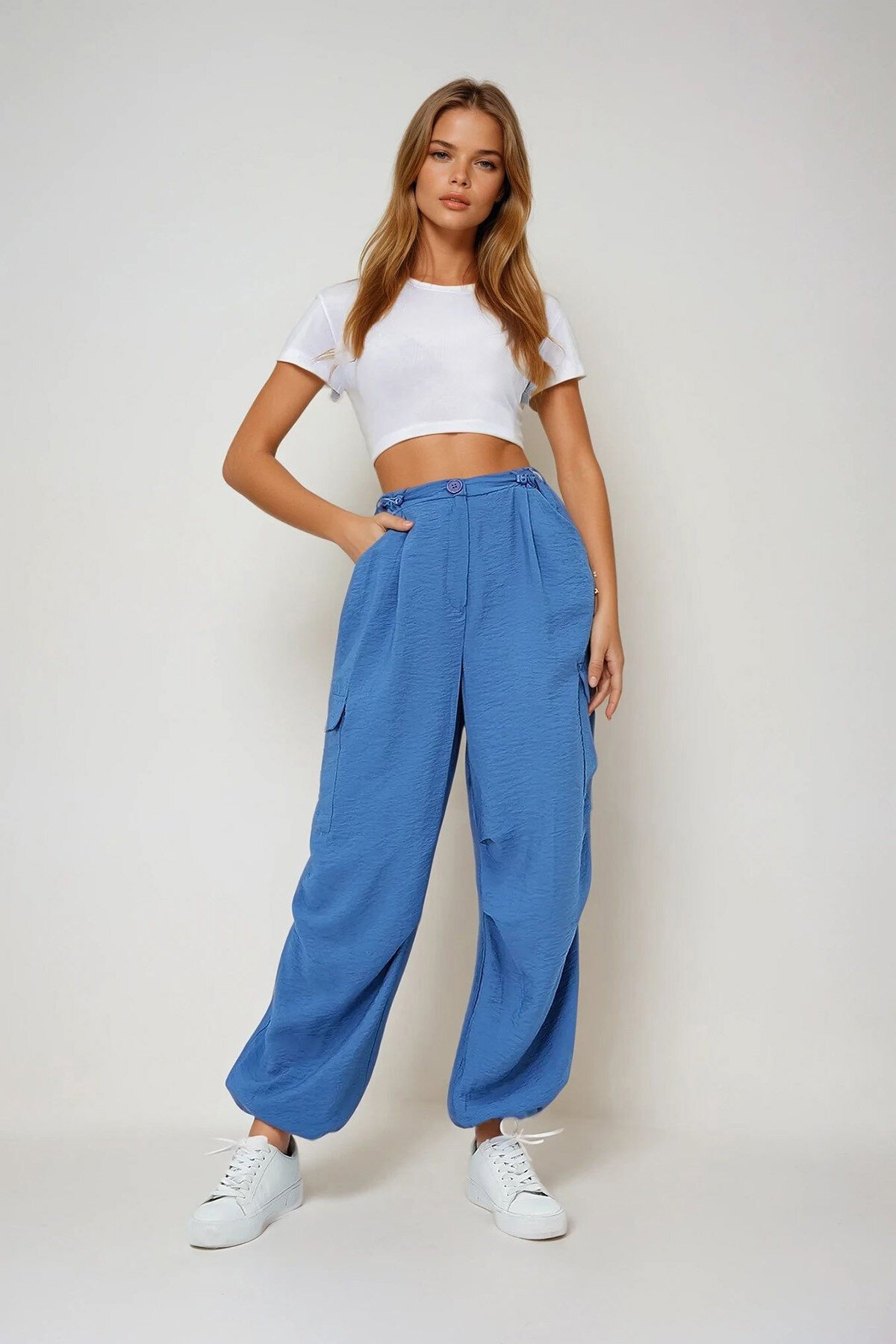 İndigo Kargo Cepli Paçası Lastikli Aerobin Dokuma Kargo Pantolon