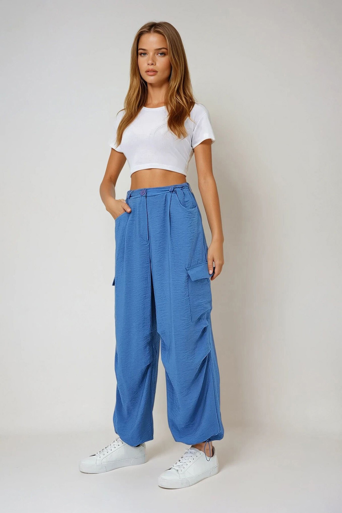 İndigo Kargo Cepli Paçası Lastikli Aerobin Dokuma Kargo Pantolon