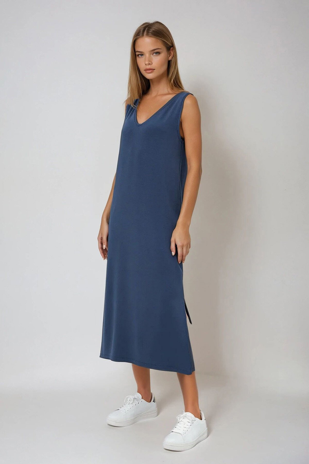 İndigo Ön Arka V Yaka Kalın Askılı Yırtmaçlı Yazlık Örme Elbise