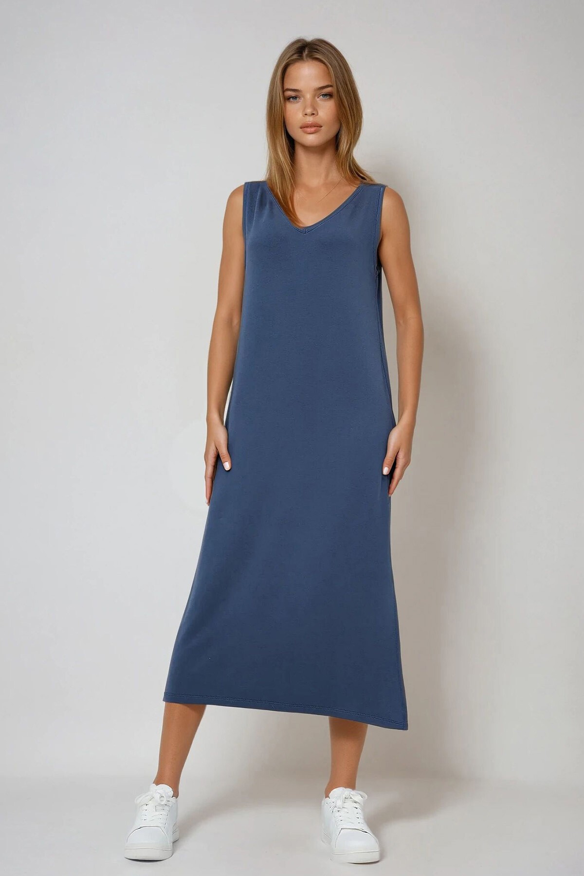 İndigo Ön Arka V Yaka Kalın Askılı Yırtmaçlı Yazlık Örme Elbise