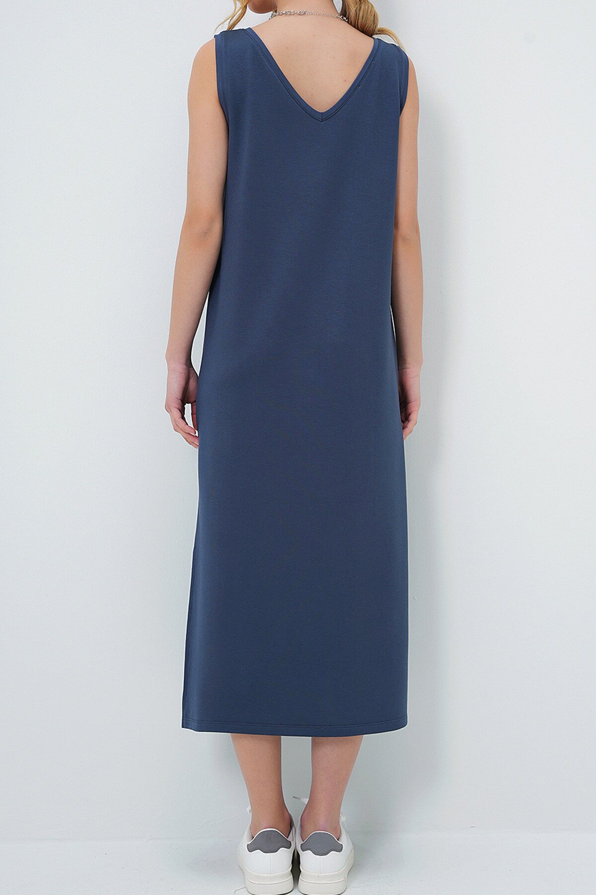 İndigo Ön Arka V Yaka Kalın Askılı Yırtmaçlı Yazlık Örme Elbise
