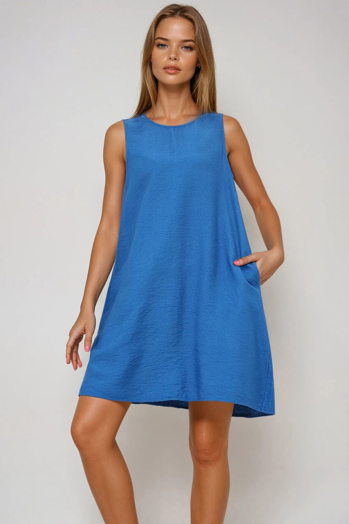 İndigo U Yaka Sıfır Kol Çift Cepli Aerobin Yazlık Elbise