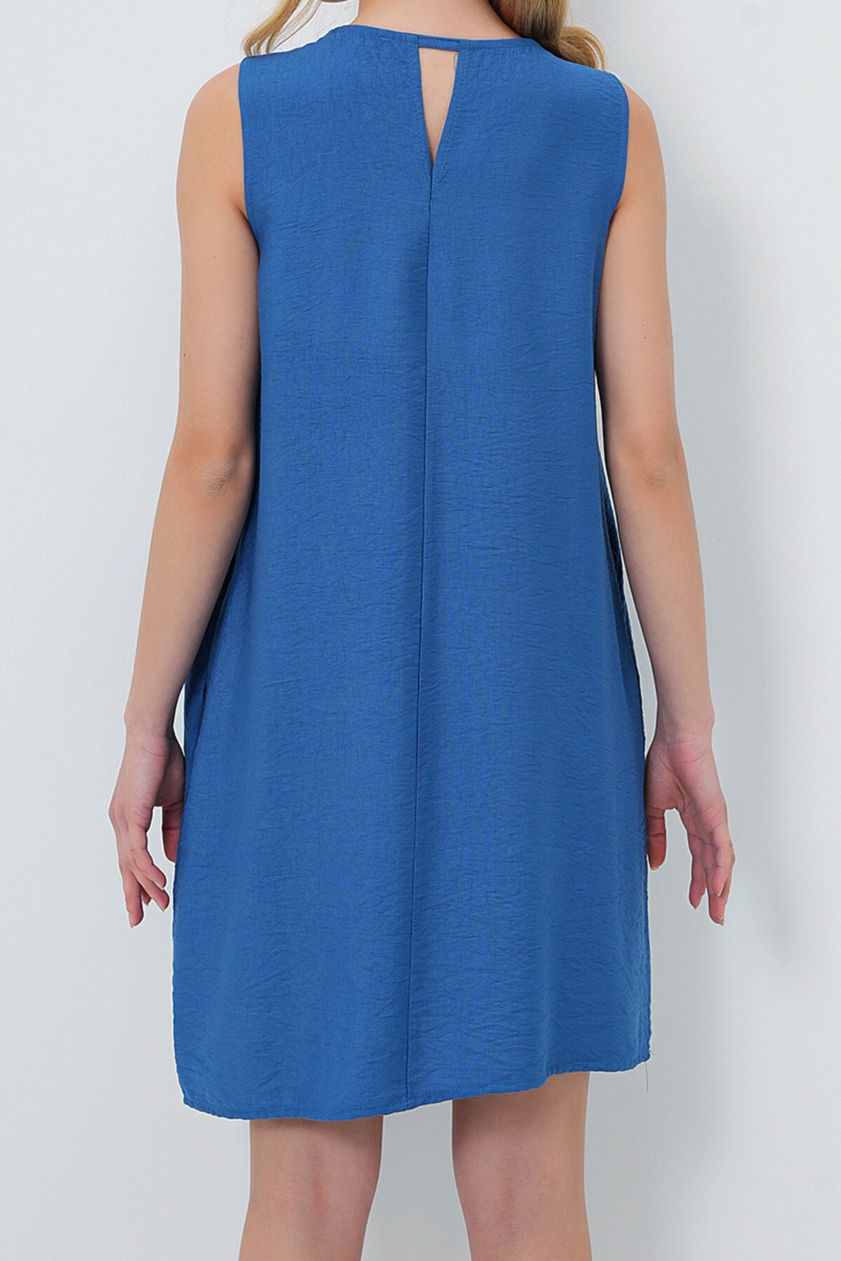 İndigo U Yaka Sıfır Kol Çift Cepli Aerobin Yazlık Elbise