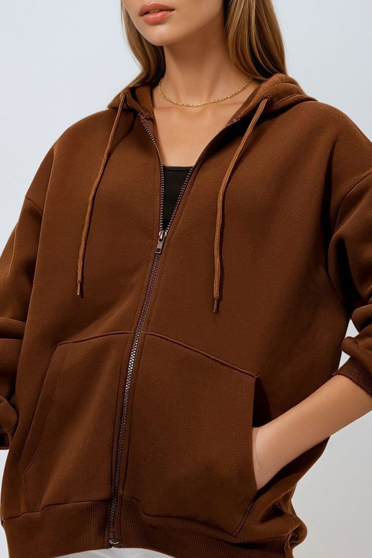 Kahve Kapüşonlu Çift Cepli Fermuarlı Oversize Sweatshirt