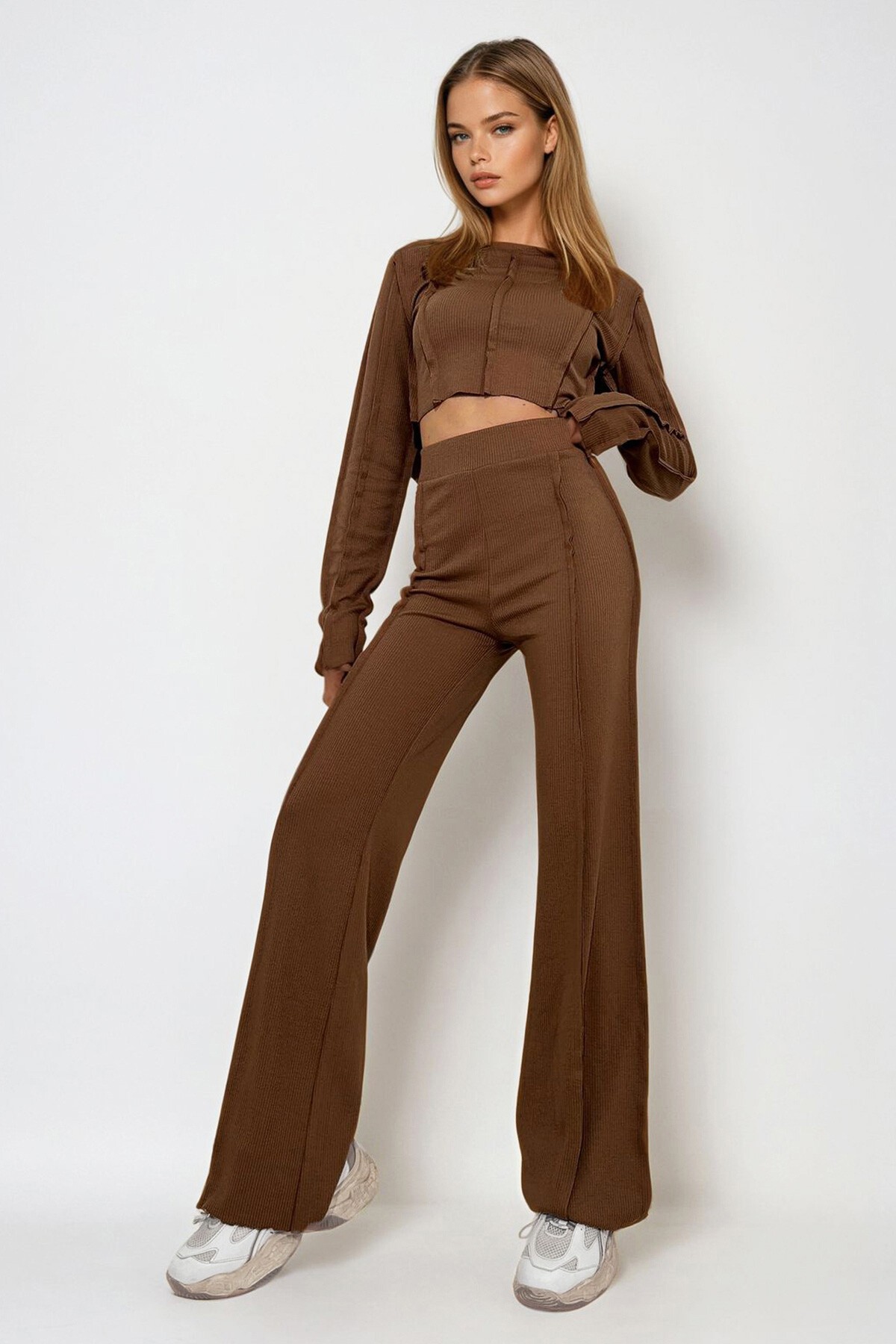 Karamel Ters Dikiş Detaylı Likralı Alt Üst Takım