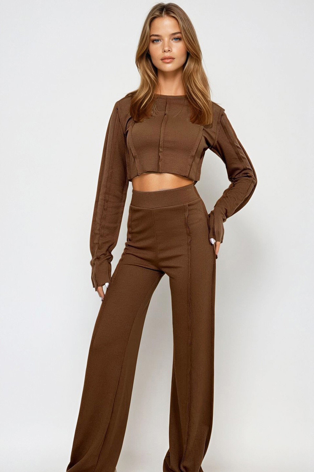 Karamel Ters Dikiş Detaylı Likralı Alt Üst Takım