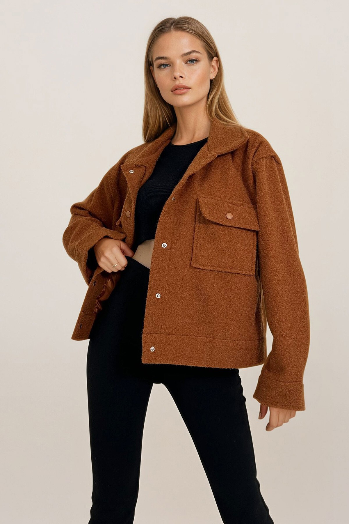 Kiremit Çift Cepli Çıt Çıt Kapamalı Kaşmir Mont