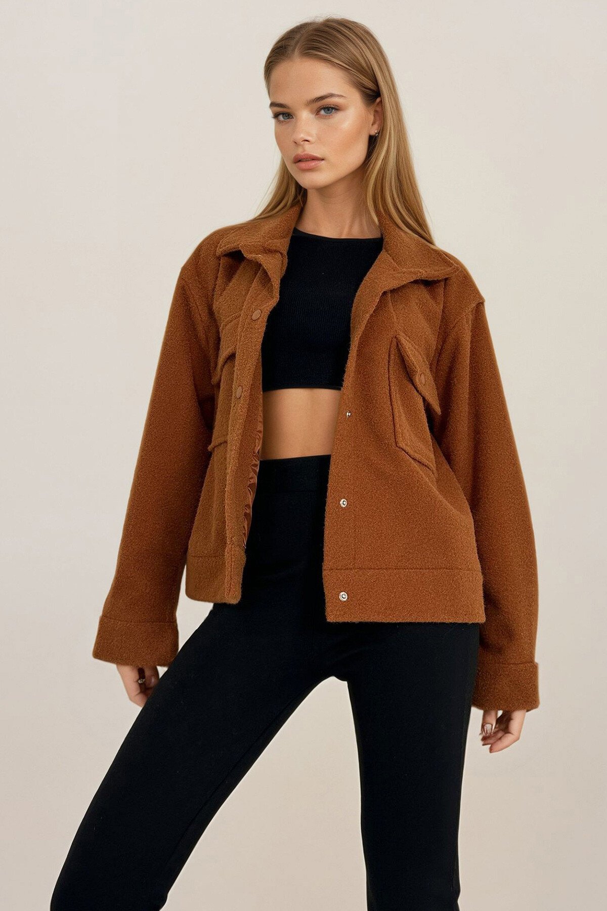 Kiremit Çift Cepli Çıt Çıt Kapamalı Kaşmir Mont