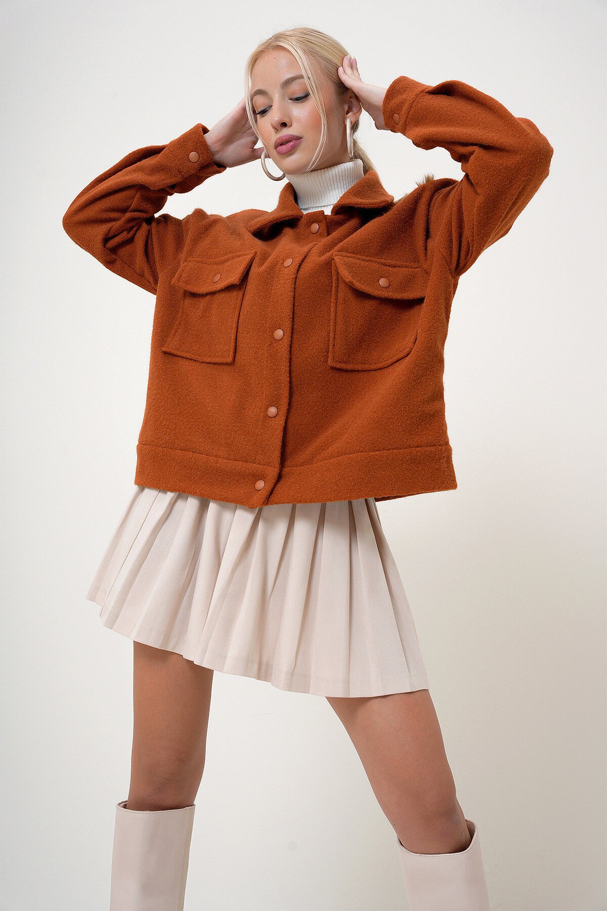 Kiremit Çift Cepli Çıt Çıt Kapamalı Kaşmir Mont