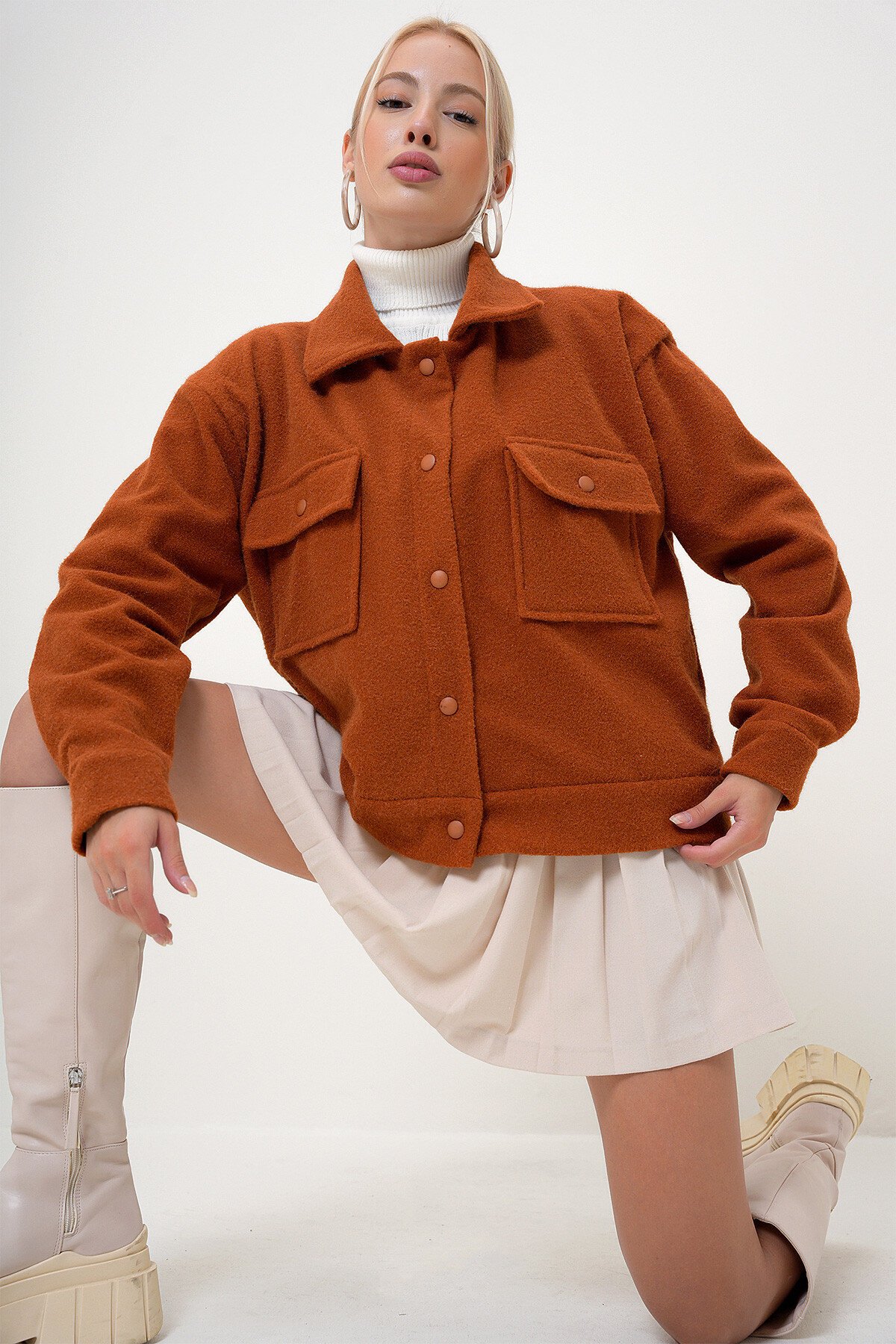 Kiremit Çift Cepli Çıt Çıt Kapamalı Kaşmir Mont