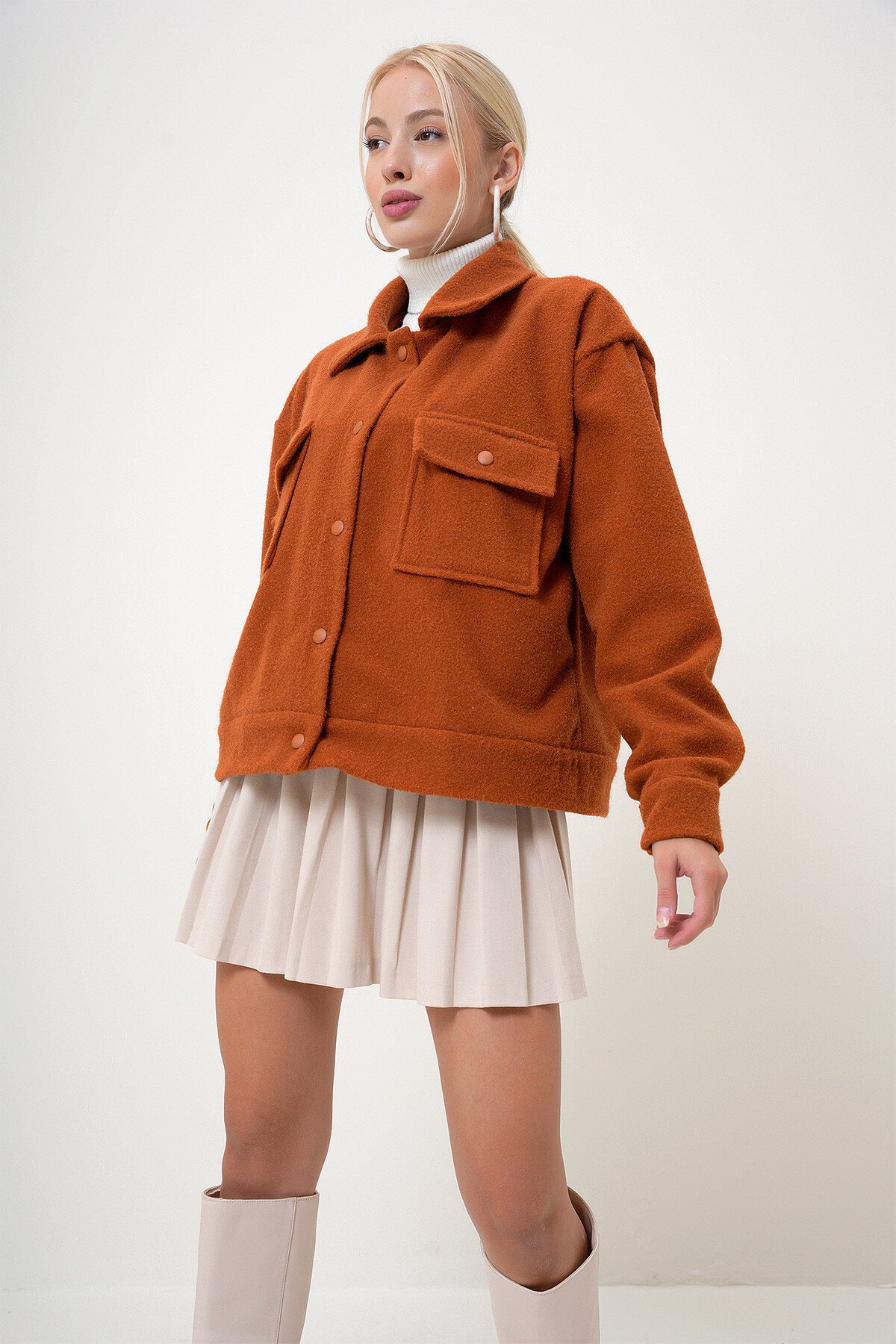 Kiremit Çift Cepli Çıt Çıt Kapamalı Kaşmir Mont