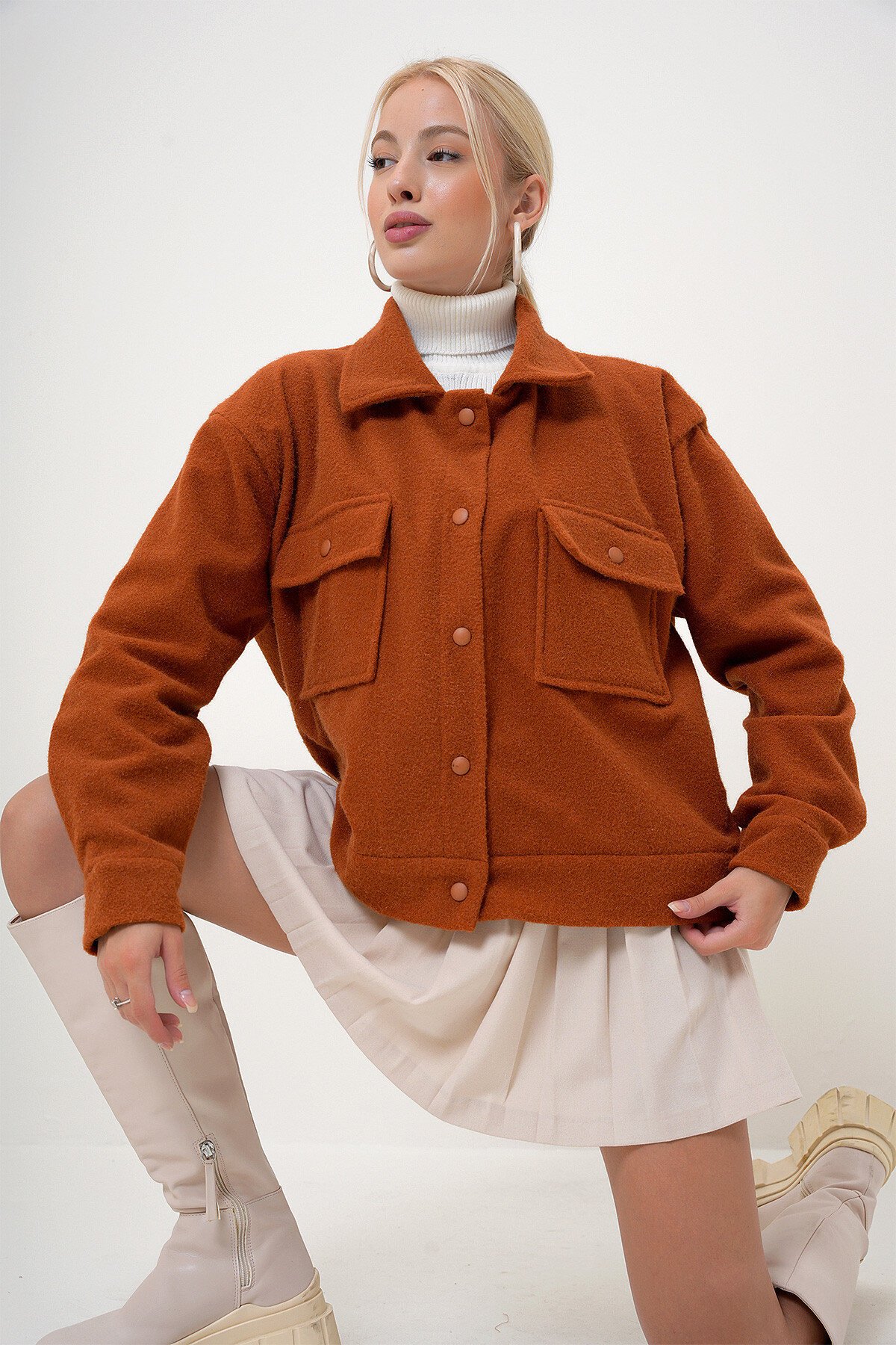 Kiremit Çift Cepli Çıt Çıt Kapamalı Kaşmir Mont