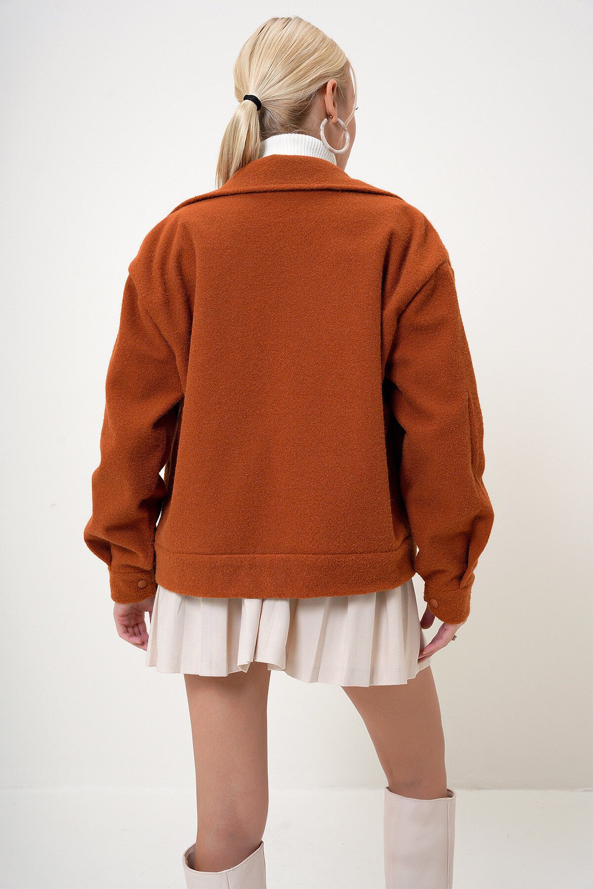 Kiremit Çift Cepli Çıt Çıt Kapamalı Kaşmir Mont