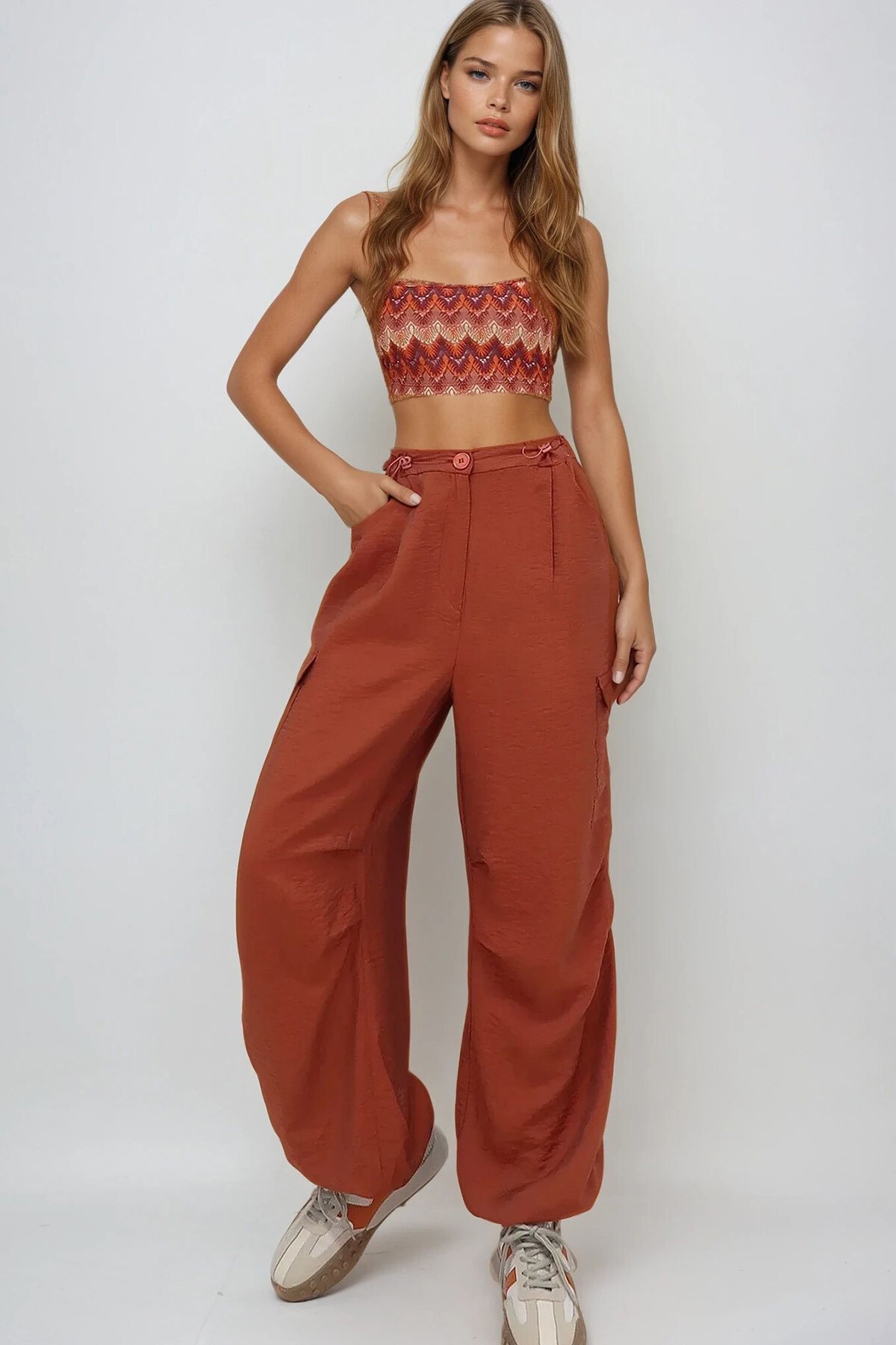 Kiremit Kargo Cepli Paçası Lastikli Aerobin Dokuma Kargo Pantolon