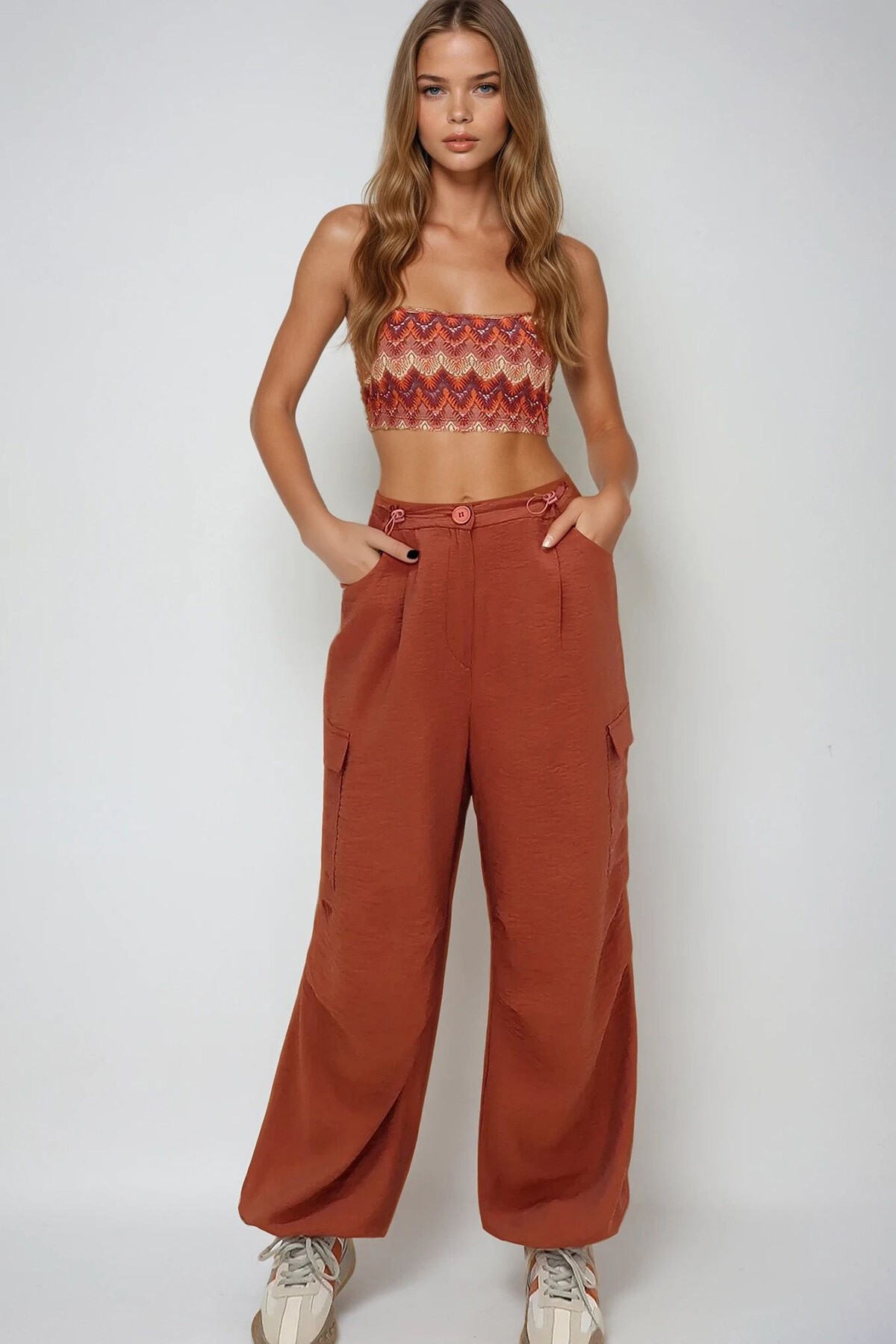 Kiremit Kargo Cepli Paçası Lastikli Aerobin Dokuma Kargo Pantolon