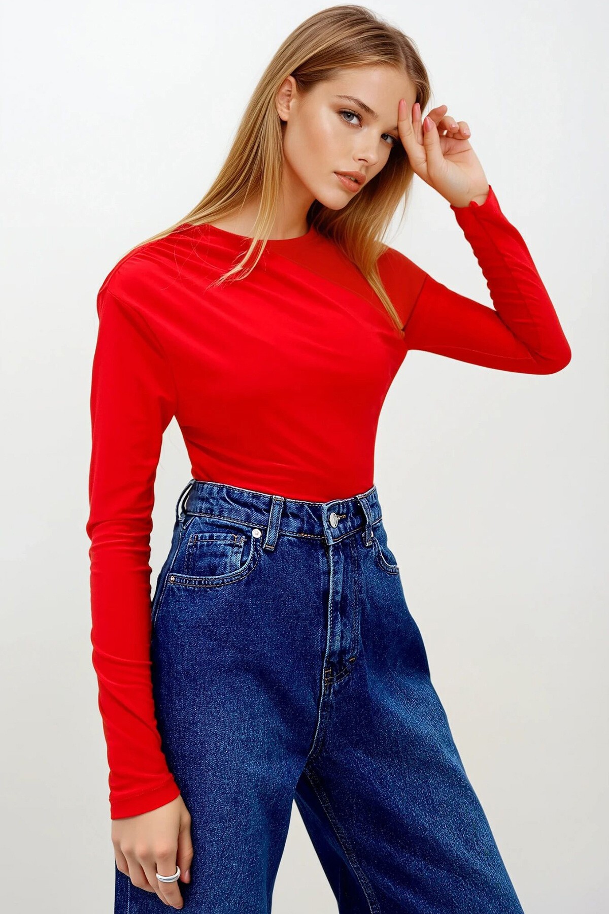 Kırmızı Asimetrik Yaka Drapeli Sandy Bluz