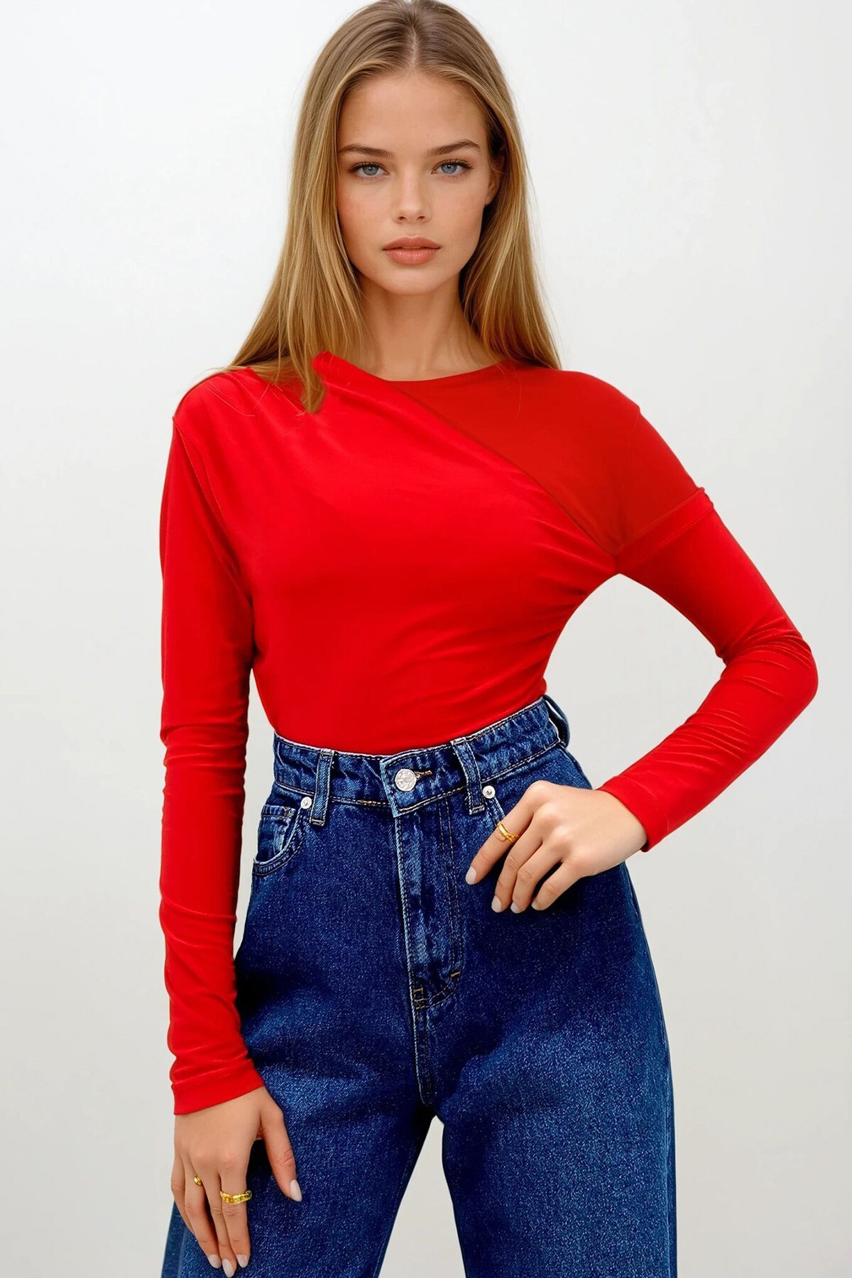 Kırmızı Asimetrik Yaka Drapeli Sandy Bluz