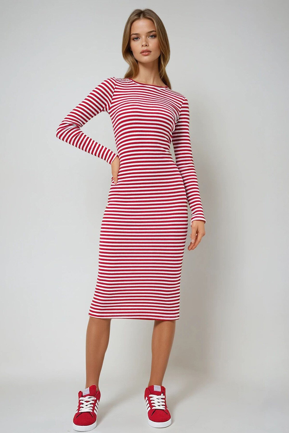 Kırmızı Bisiklet Yaka Çizgili Midi Boy Basic Elbise