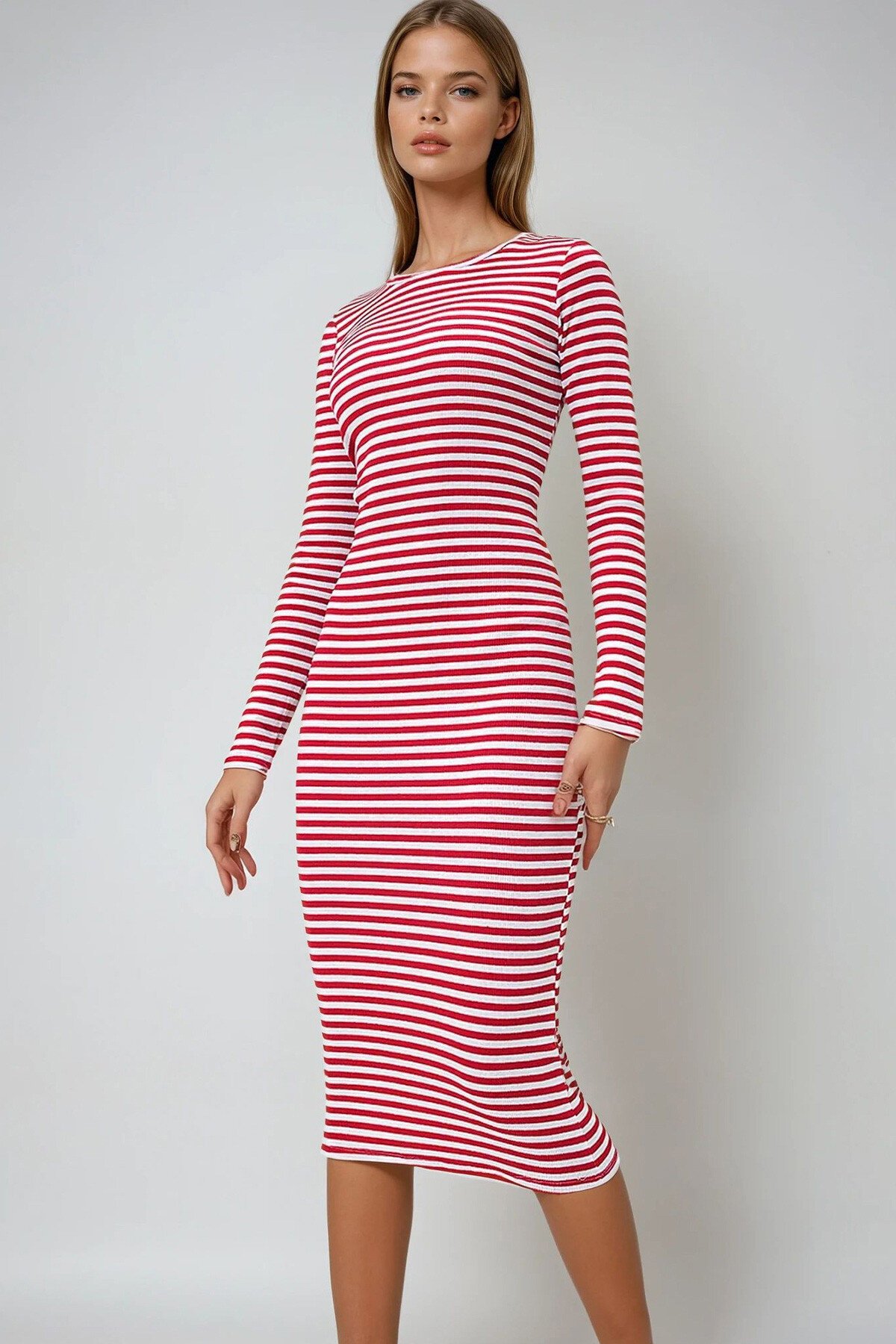 Kırmızı Bisiklet Yaka Çizgili Midi Boy Basic Elbise