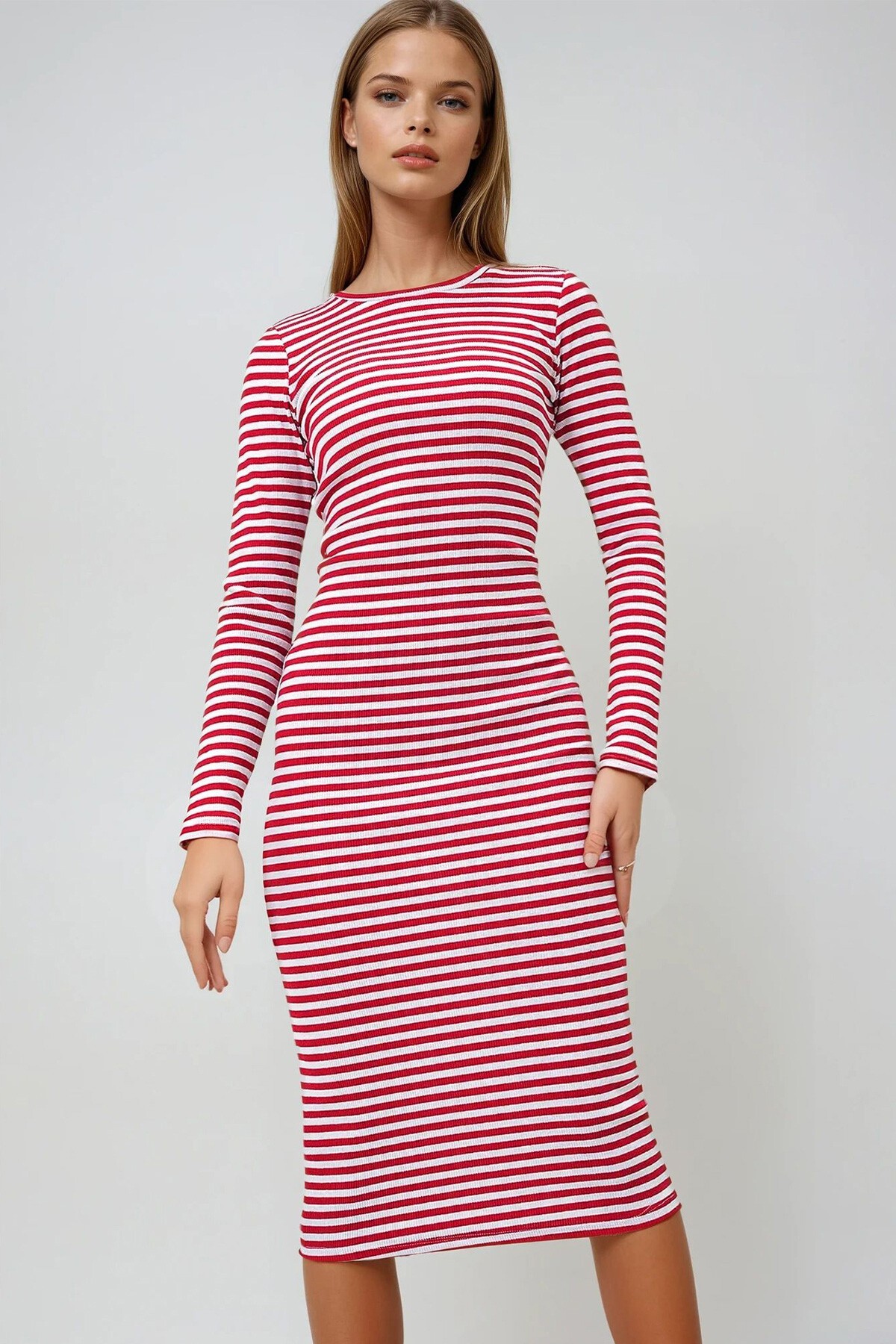 Kırmızı Bisiklet Yaka Çizgili Midi Boy Basic Elbise