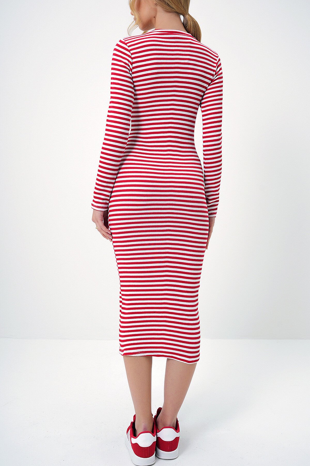 Kırmızı Bisiklet Yaka Çizgili Midi Boy Basic Elbise