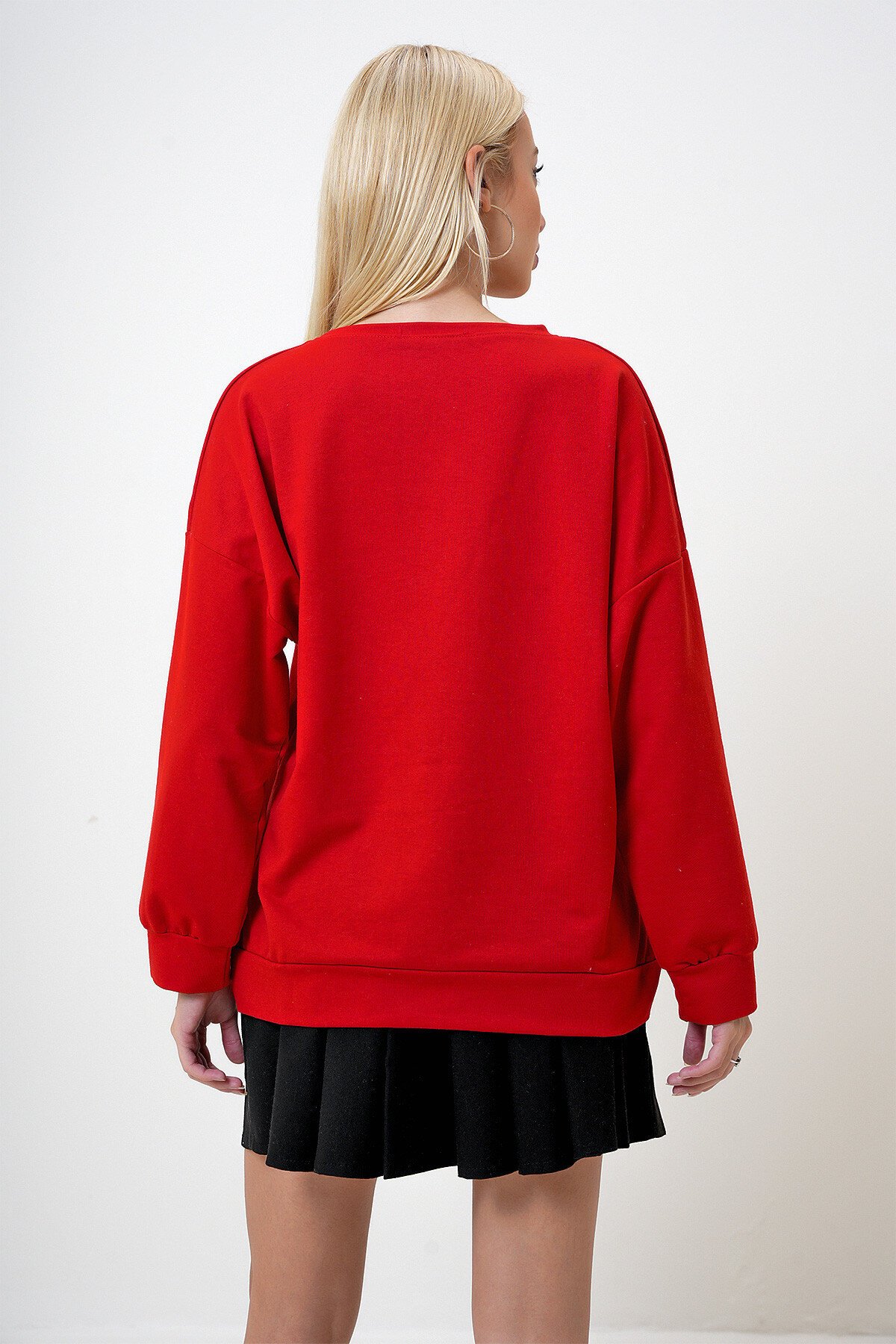 Kırmızı Bisiklet Yaka Oversize Basic Sweatshirt