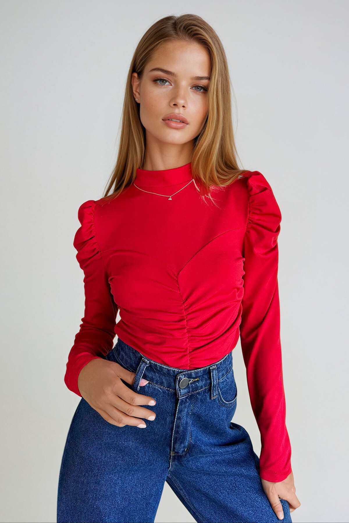 Kırmızı Dik Yaka Prenses Kol Önü Büzgü Detaylı Crep Örme Bluz