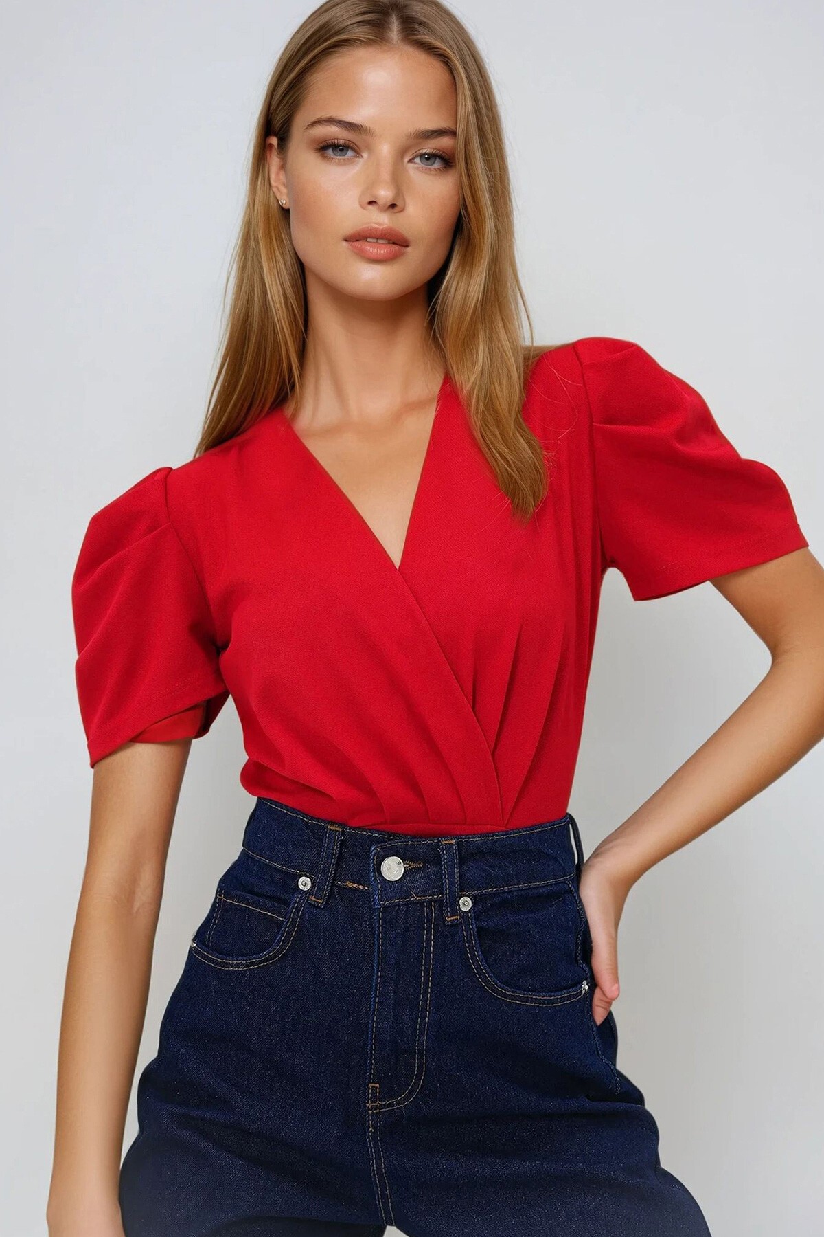 Kırmızı Kruvaze Yaka Prenses Kol Örme Krep Bluz
