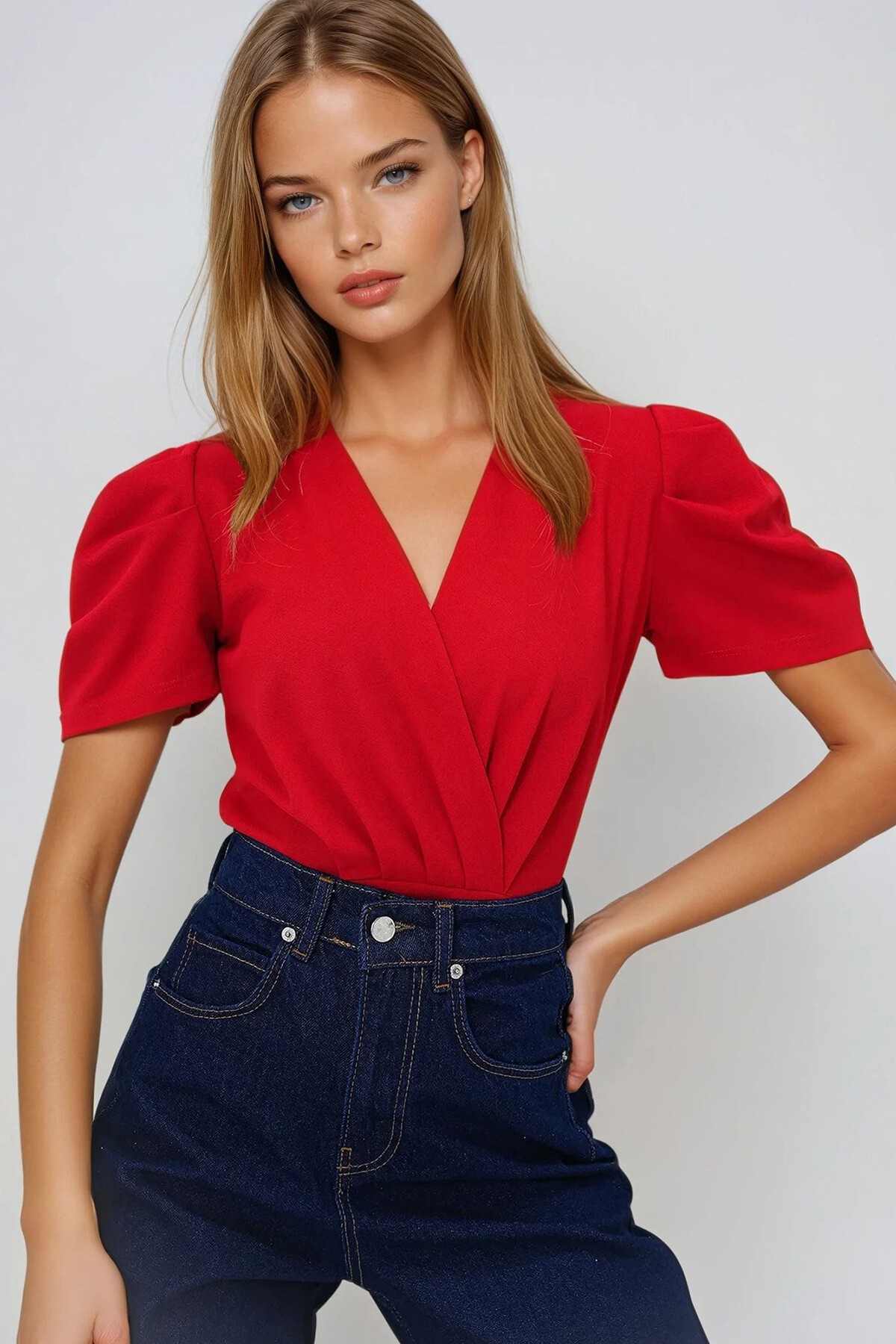 Kırmızı Kruvaze Yaka Prenses Kol Örme Krep Bluz