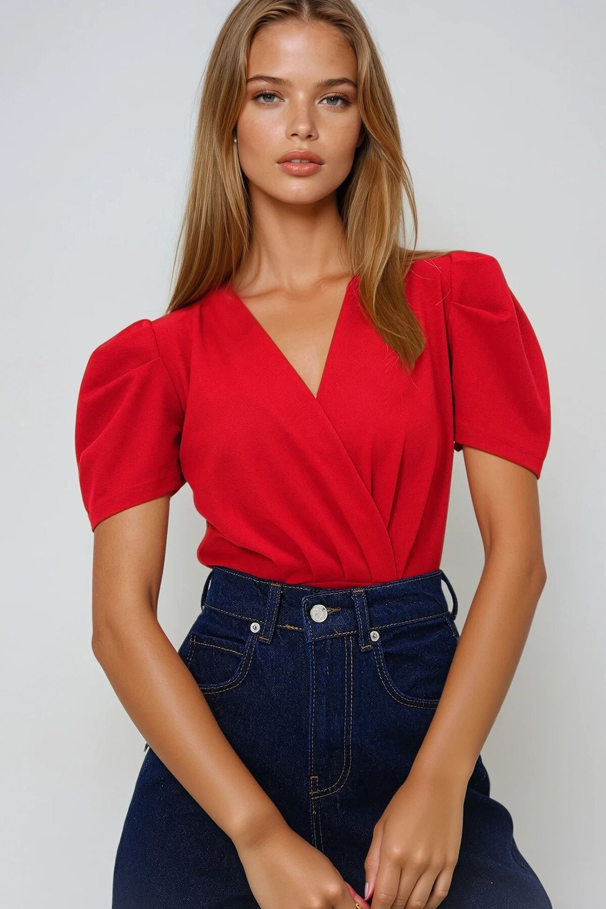 Kırmızı Kruvaze Yaka Prenses Kol Örme Krep Bluz