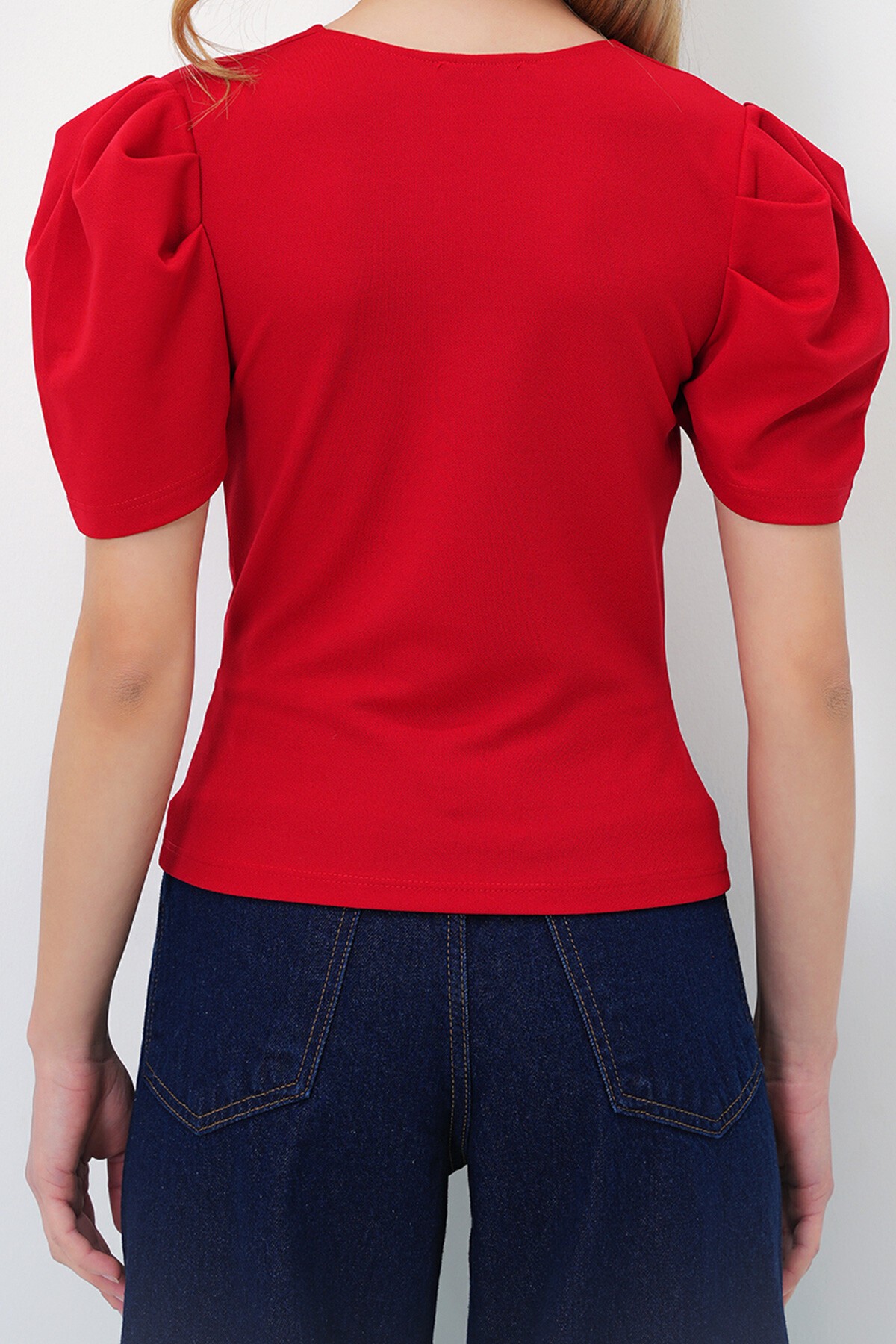 Kırmızı Kruvaze Yaka Prenses Kol Örme Krep Bluz