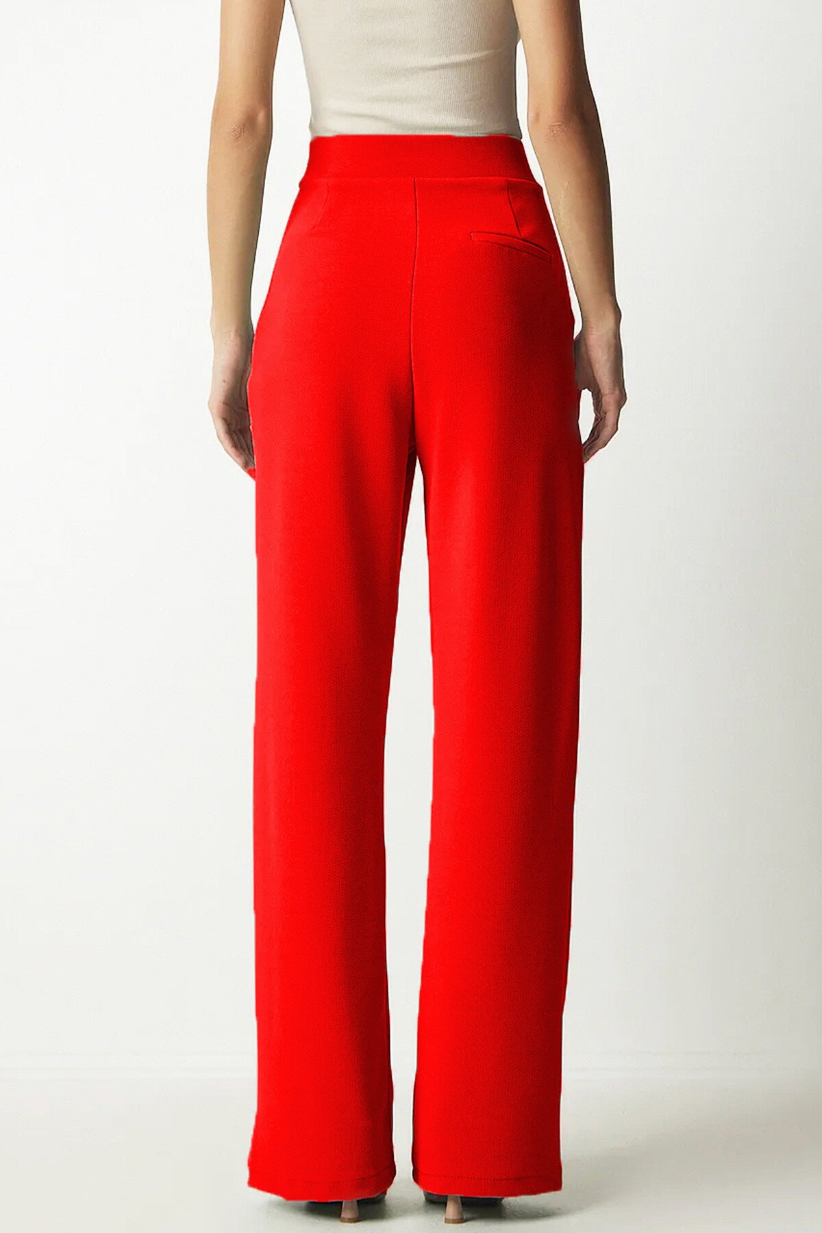 Kırmızı Likralı Cırt Kapamalı Çift Cepli Palazzo Pantalon