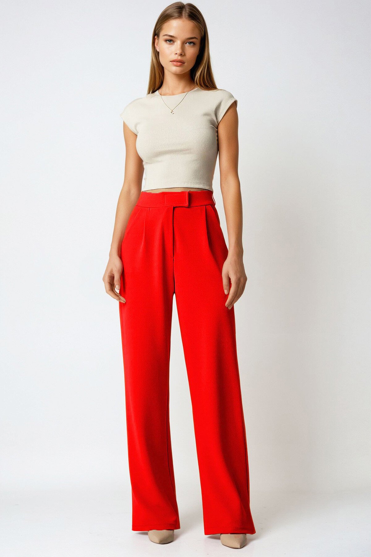 Kırmızı Likralı Cırt Kapamalı Çift Cepli Palazzo Pantalon