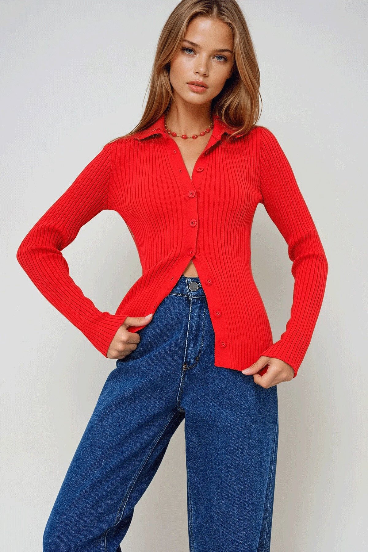 Kırmızı Polo Yaka Düğmeli Kazak