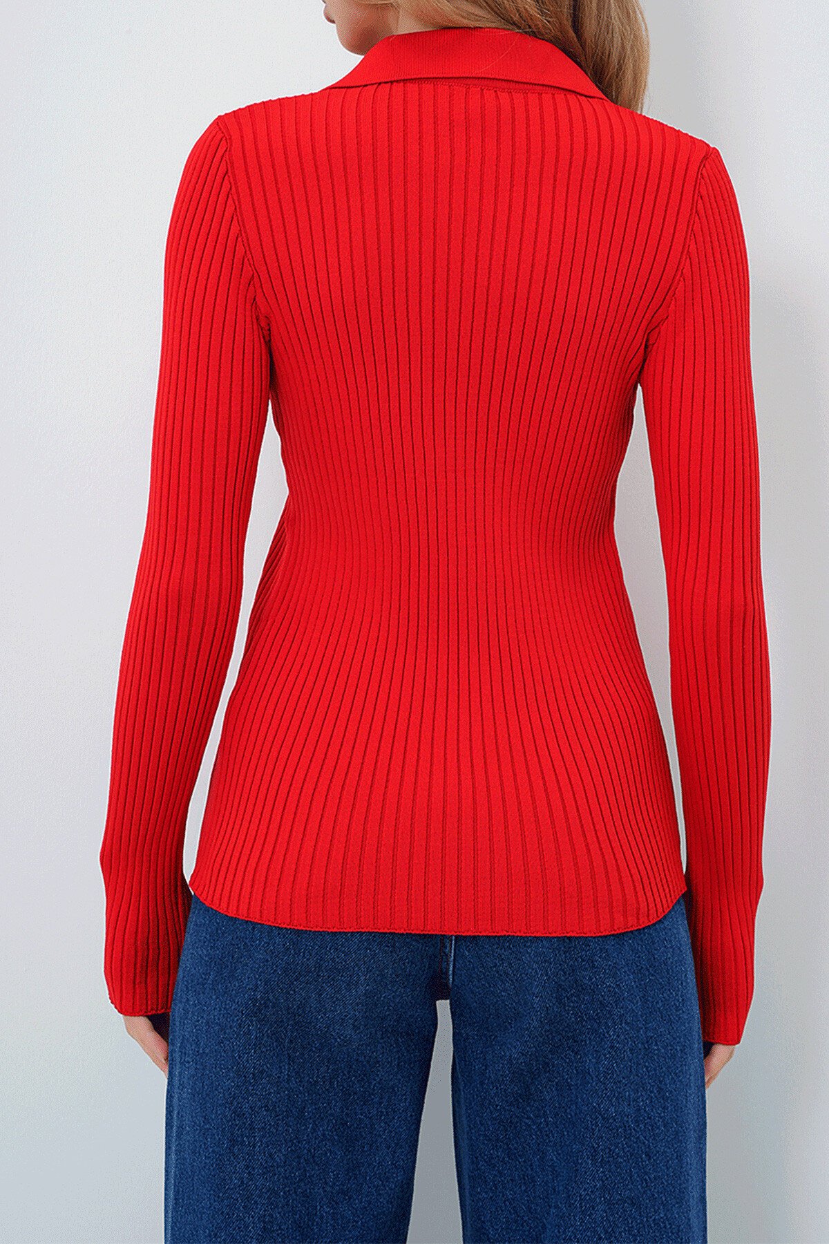 Kırmızı Polo Yaka Düğmeli Kazak