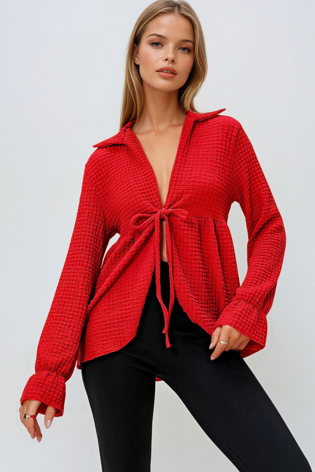 Kırmızı Polo Yaka Önü Bağlamalı Bürümcük Örme Bluz