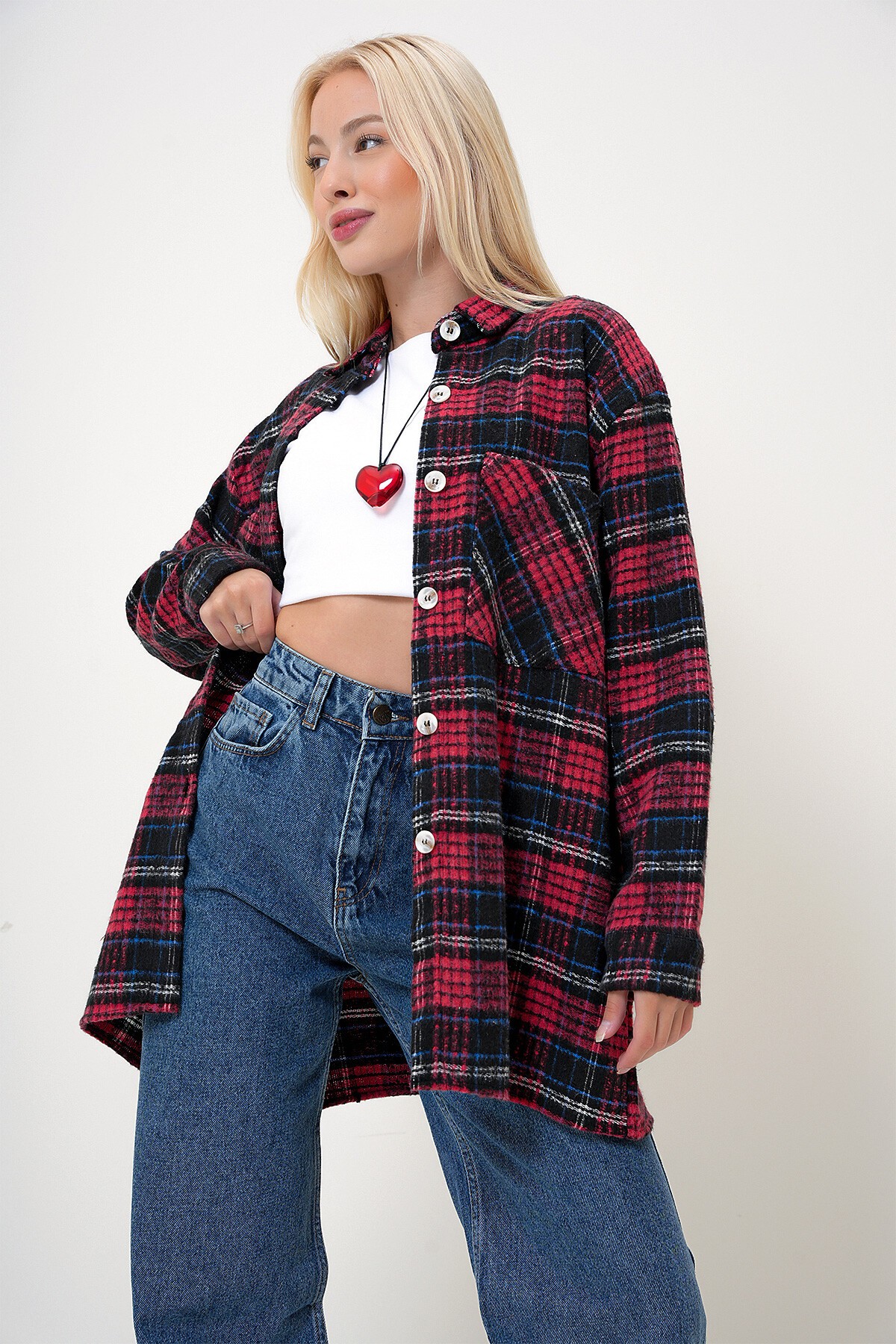 Kırmızı Siyah Ekoseli Çift Cepli Oversize Kaşe Gömlek