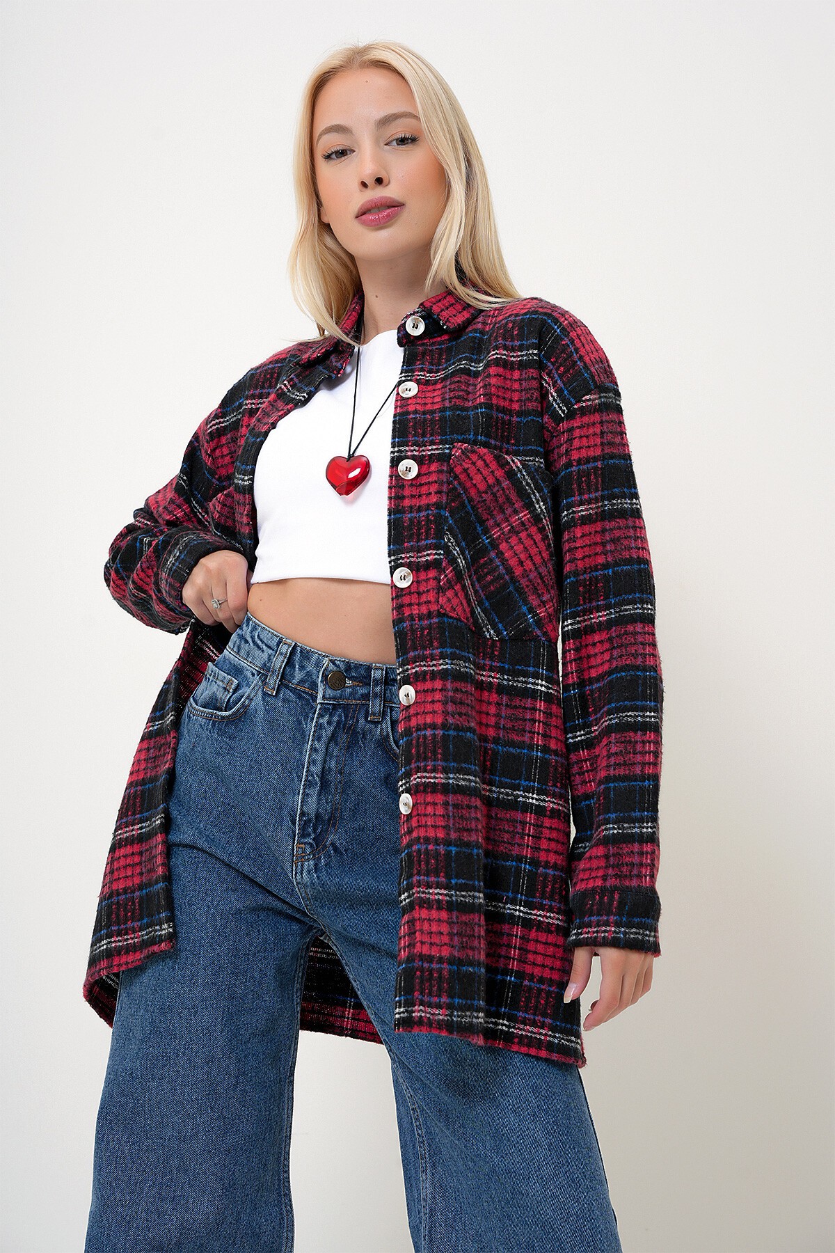 Kırmızı Siyah Ekoseli Çift Cepli Oversize Kaşe Gömlek