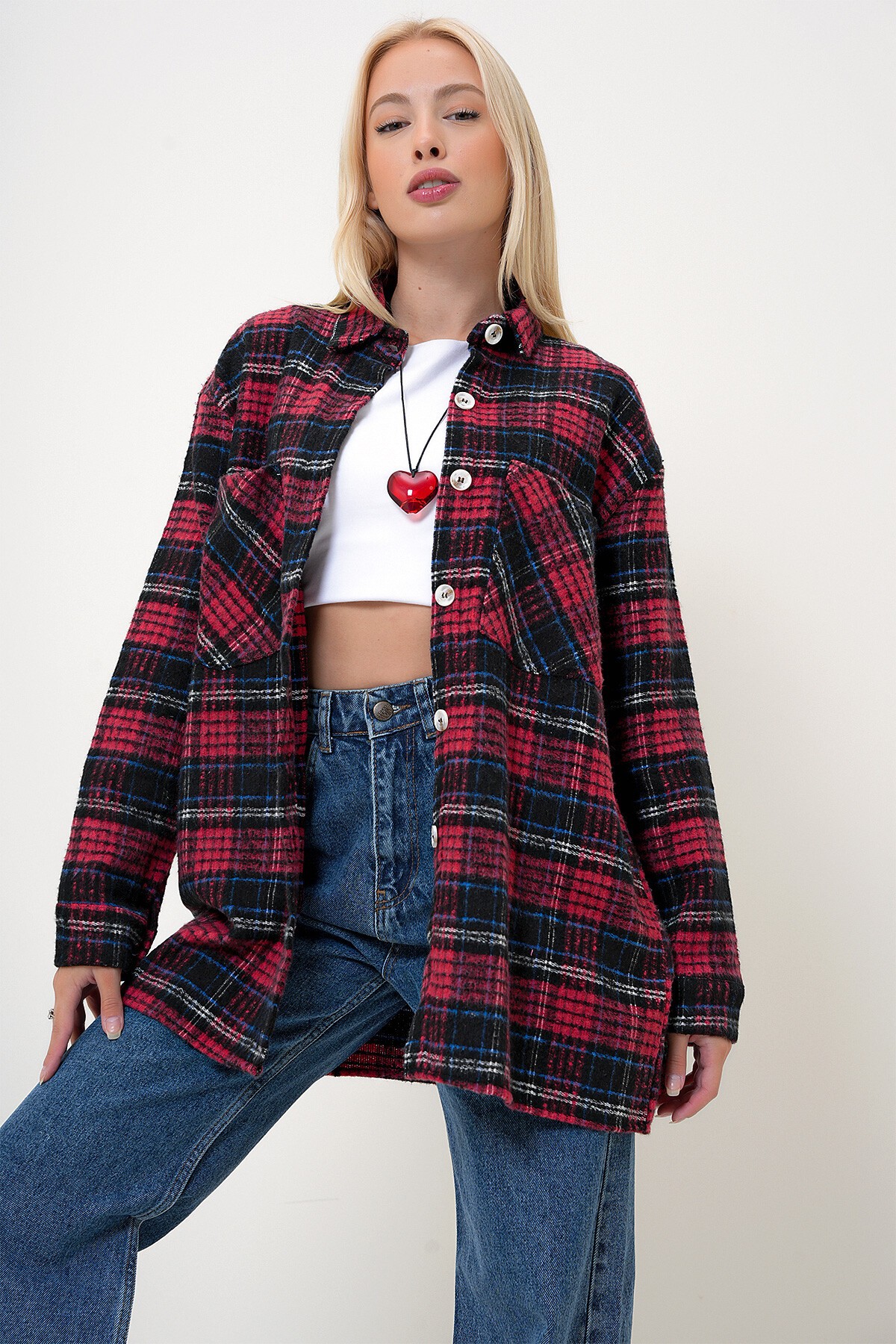 Kırmızı Siyah Ekoseli Çift Cepli Oversize Kaşe Gömlek