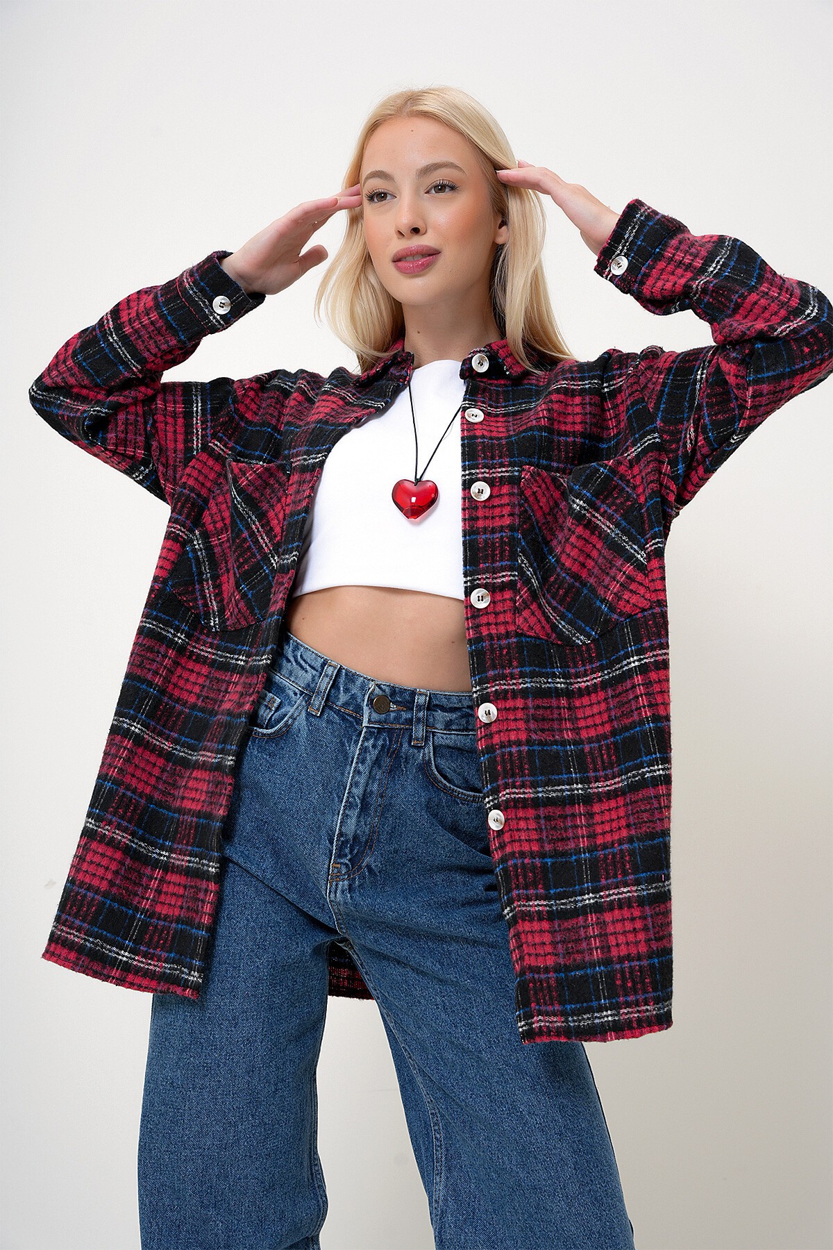 Kırmızı Siyah Ekoseli Çift Cepli Oversize Kaşe Gömlek