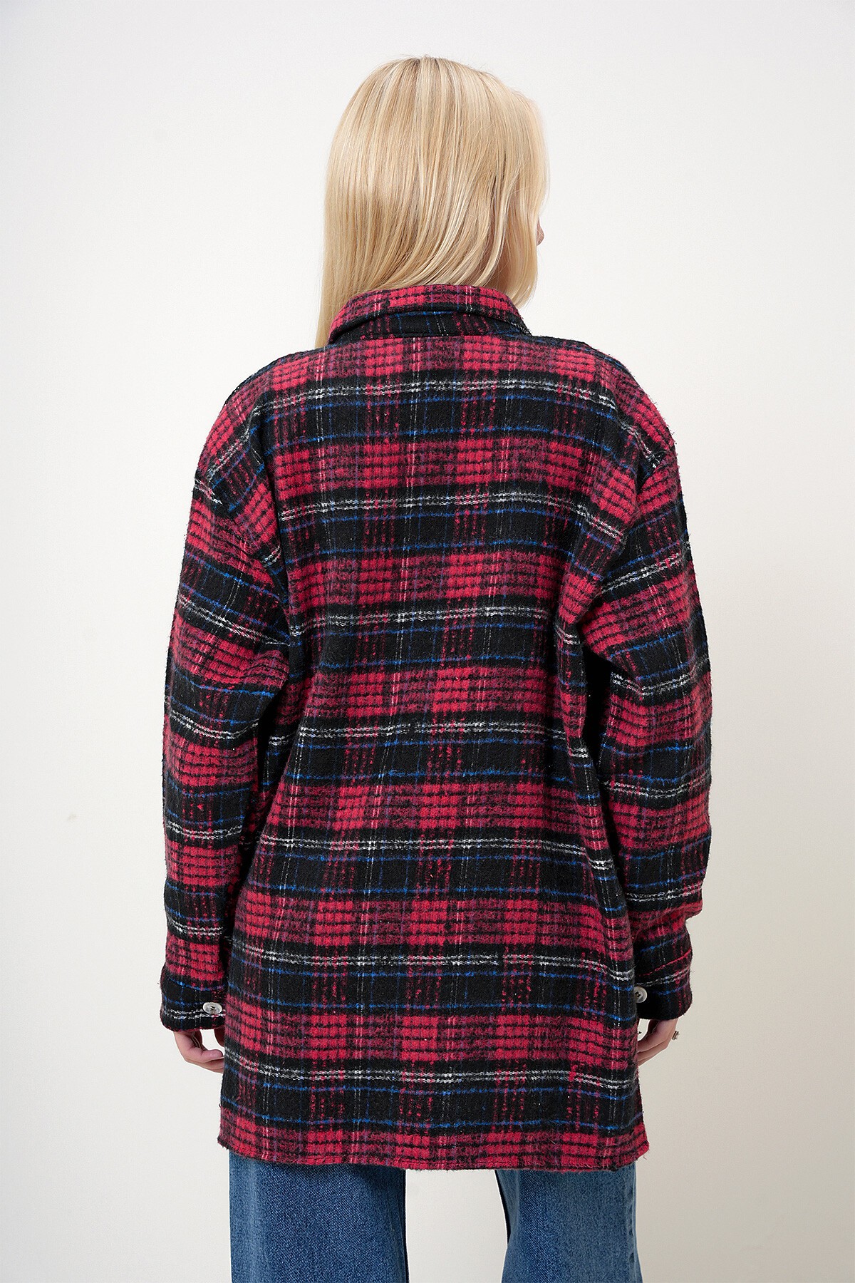 Kırmızı Siyah Ekoseli Çift Cepli Oversize Kaşe Gömlek