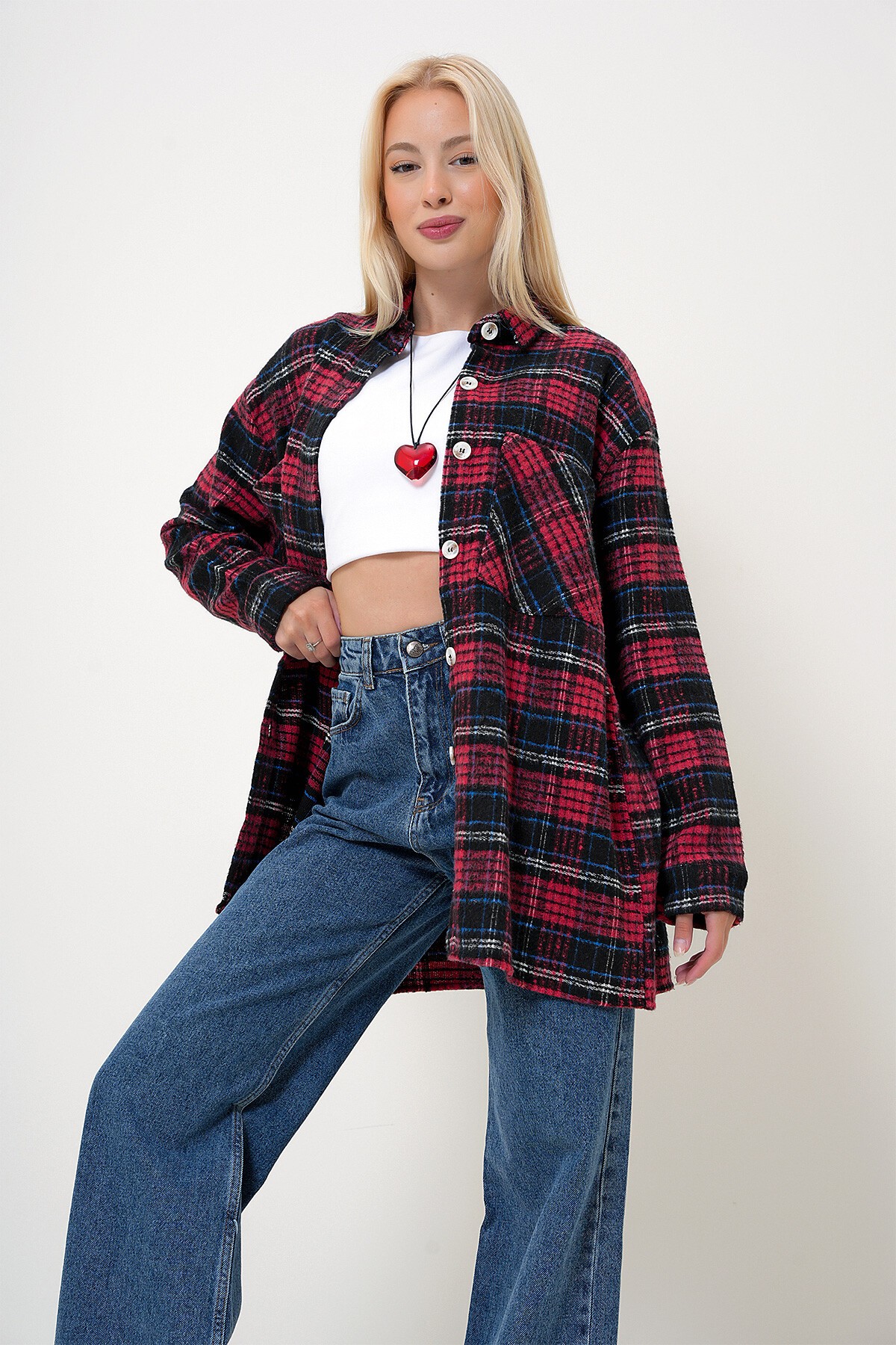 Kırmızı Siyah Ekoseli Çift Cepli Oversize Kaşe Gömlek