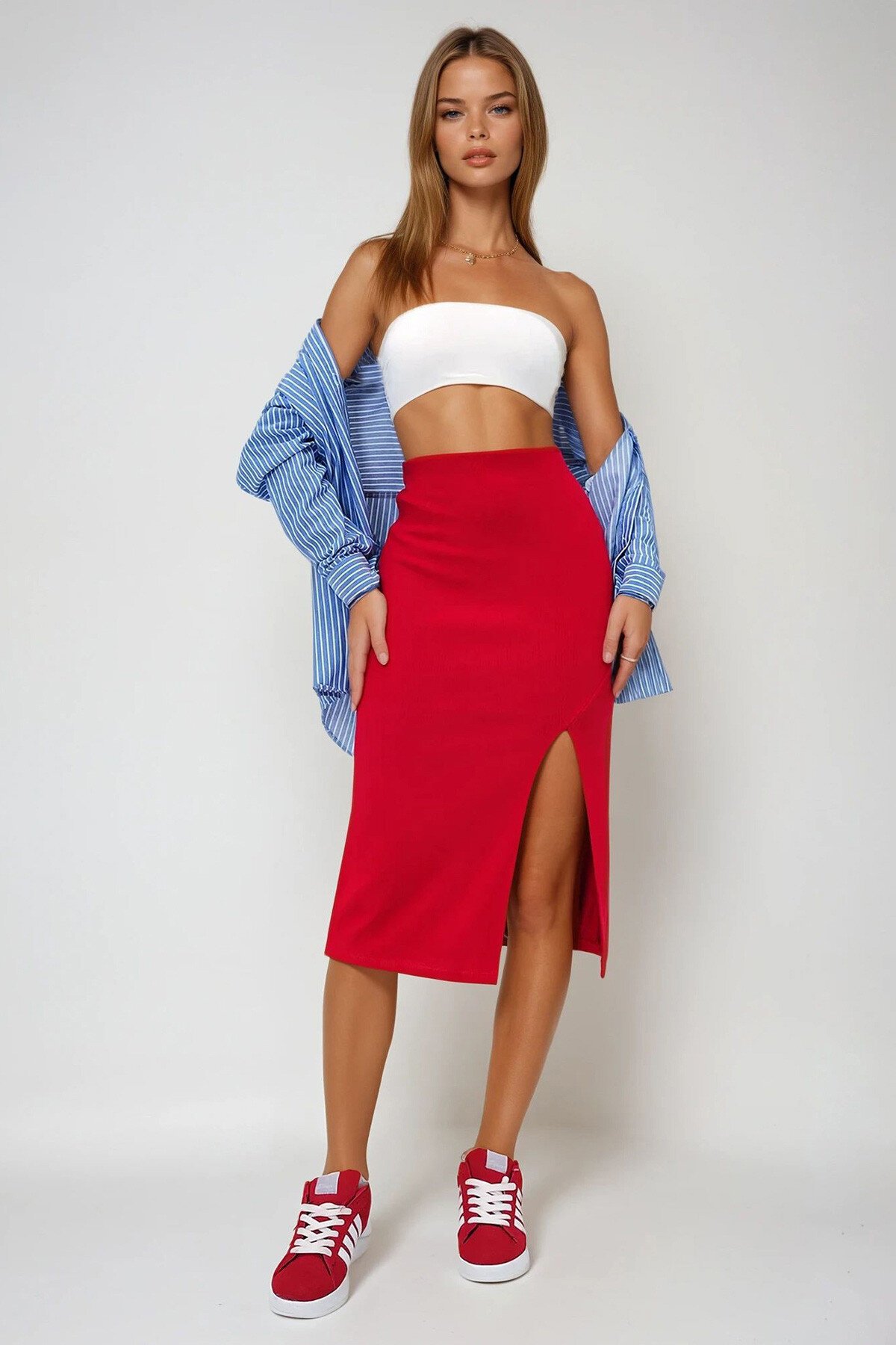 Kırmızı Yırtmaçlı Midi Boy Ottoban Etek