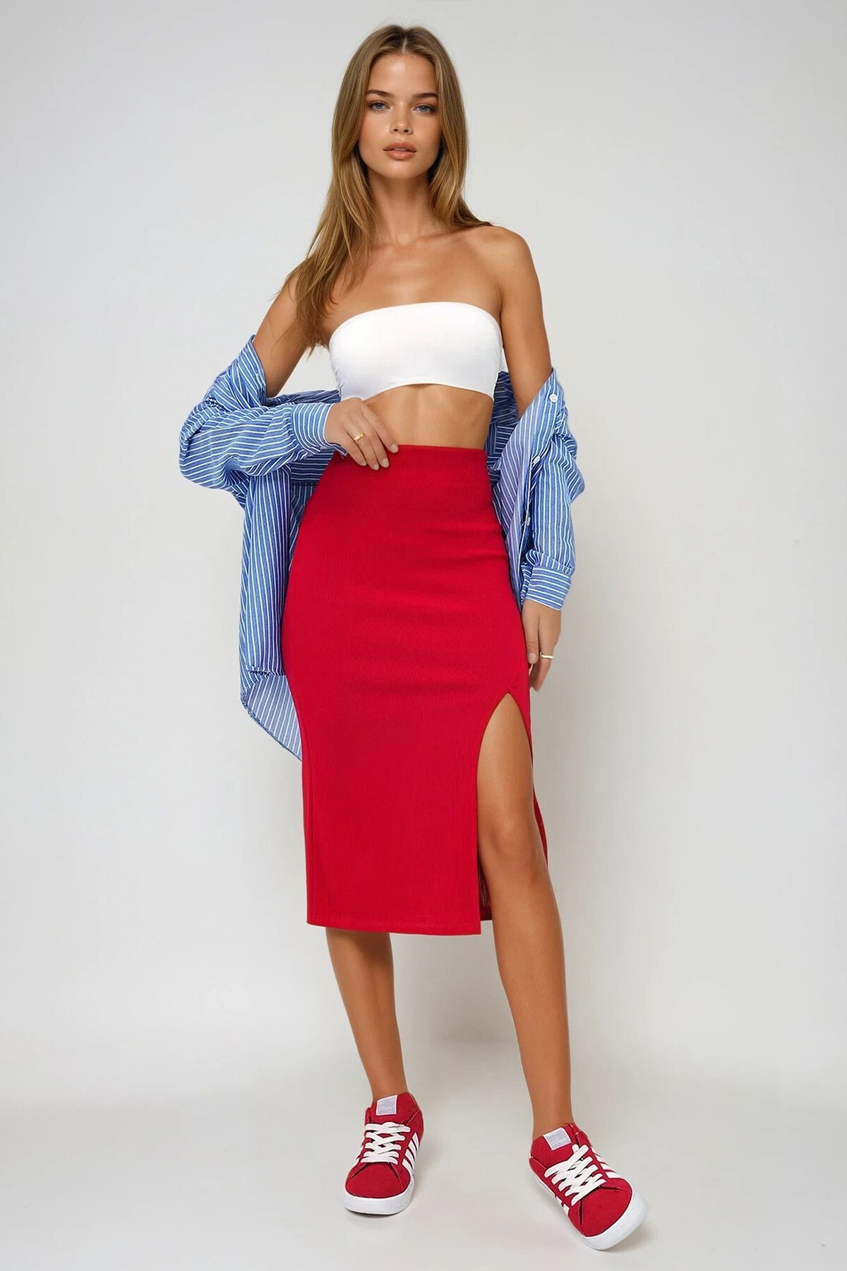 Kırmızı Yırtmaçlı Midi Boy Ottoban Etek