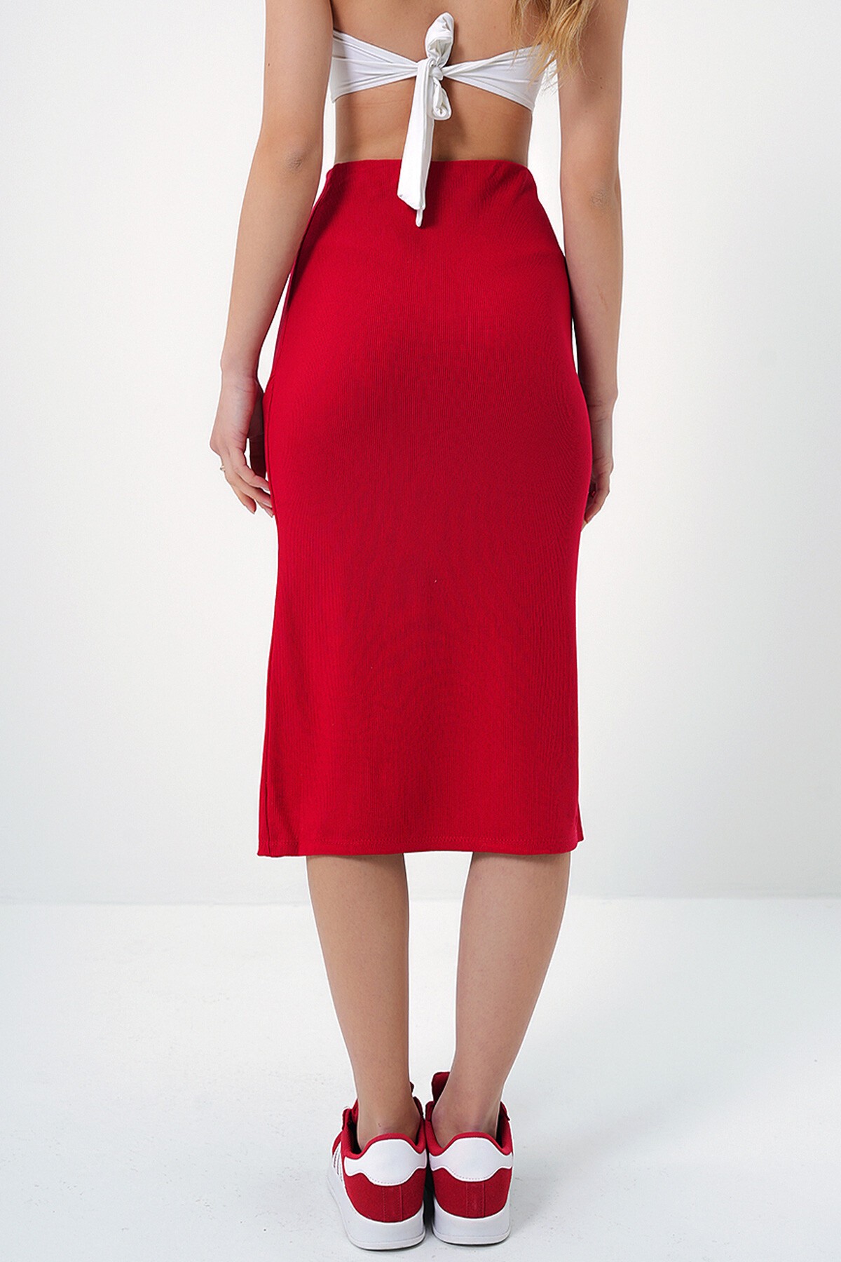 Kırmızı Yırtmaçlı Midi Boy Ottoban Etek