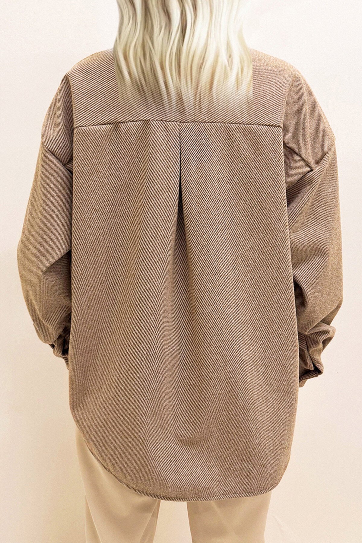 Koyu Bej Çift Cepli Çıt Çıt Kapamalı Oversize Ceket