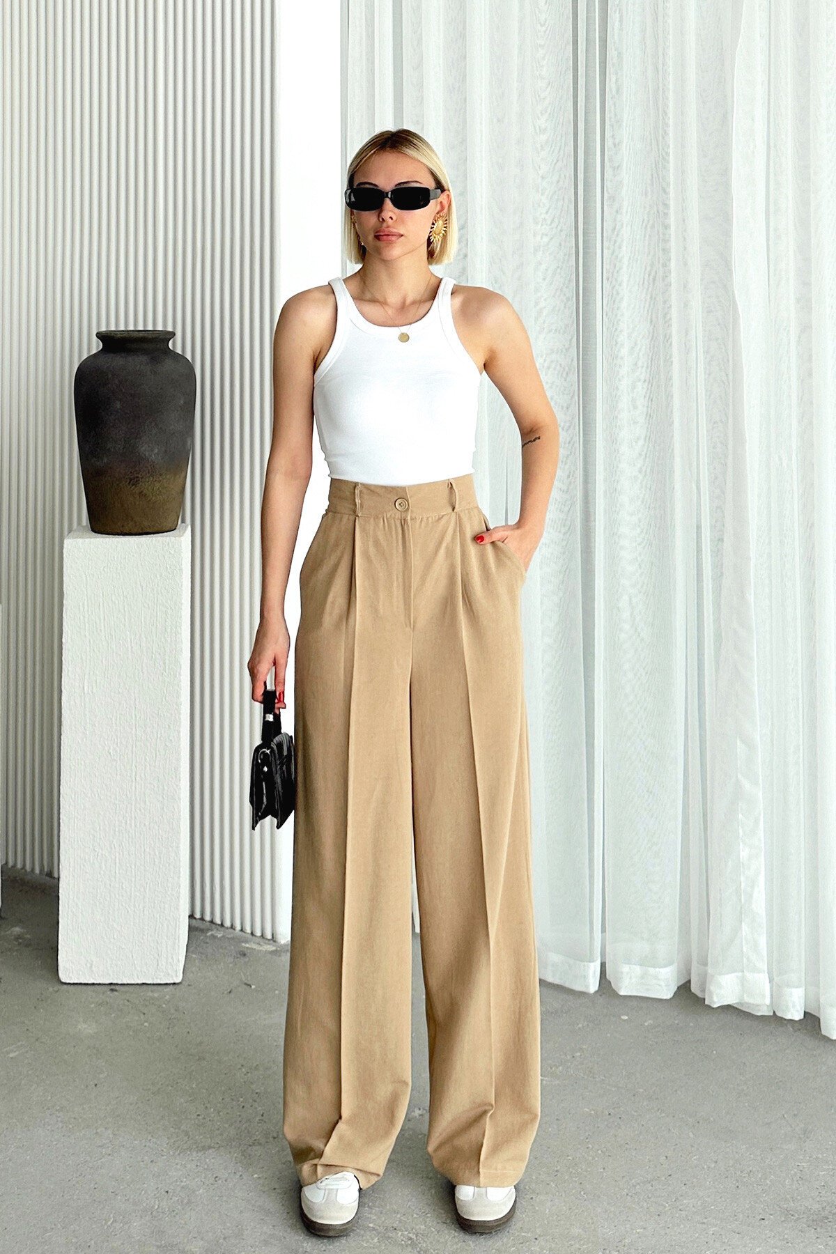 Koyu Bej Çift Cepli Pileli Keten Palazzo Pantolon