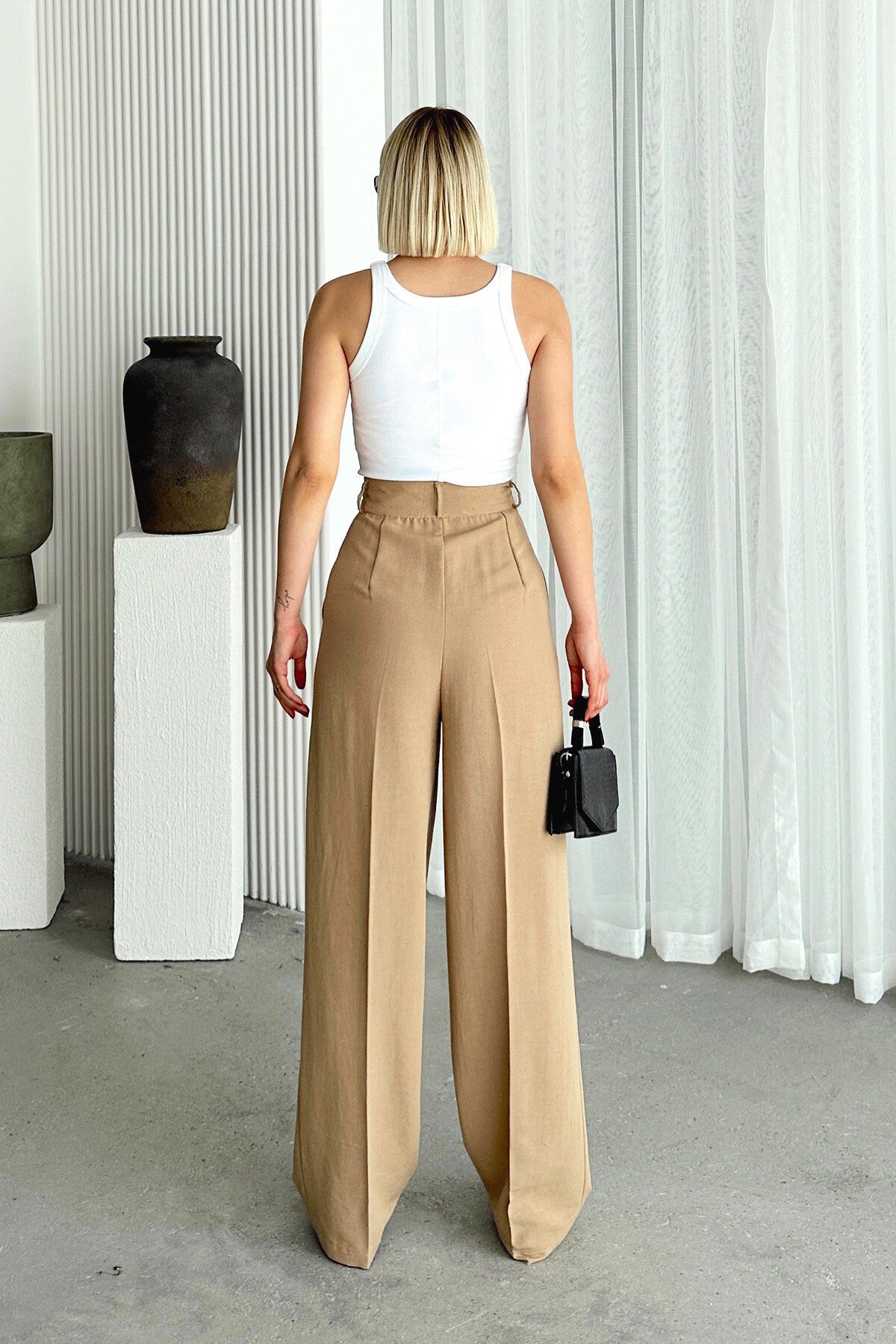 Koyu Bej Çift Cepli Pileli Keten Palazzo Pantolon